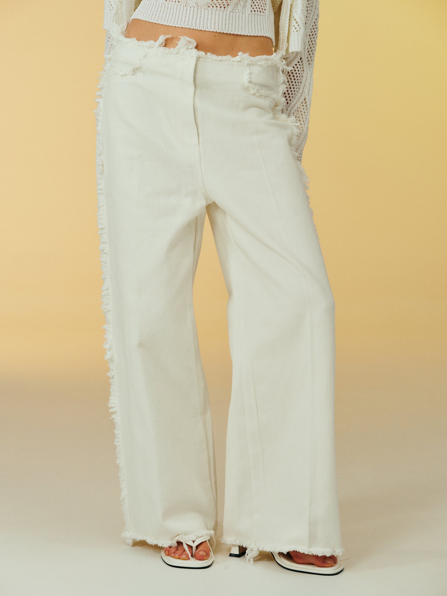 Fringed Wide Cotton Pants, Ivory