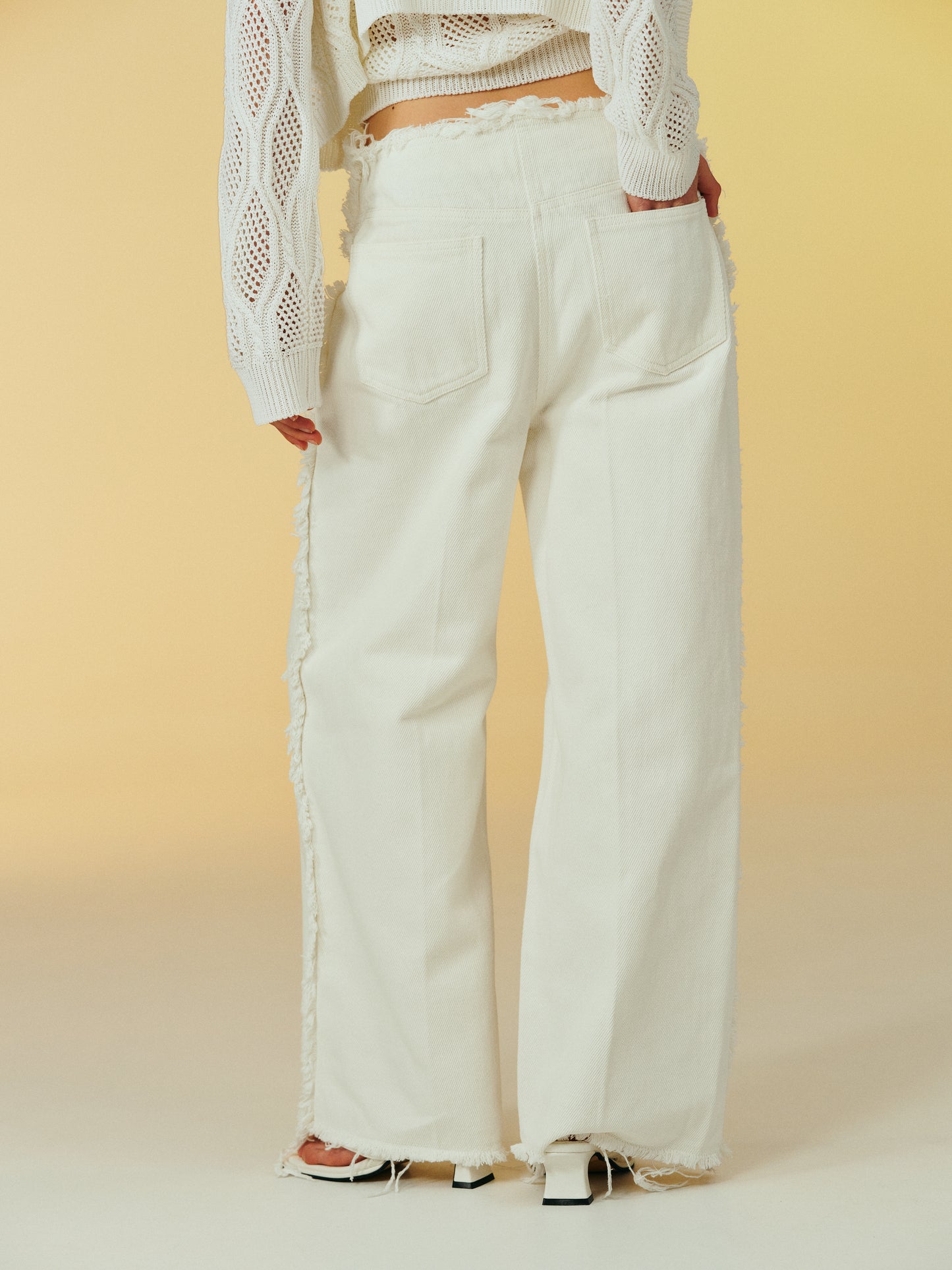 Fringed Wide Cotton Pants, Ivory