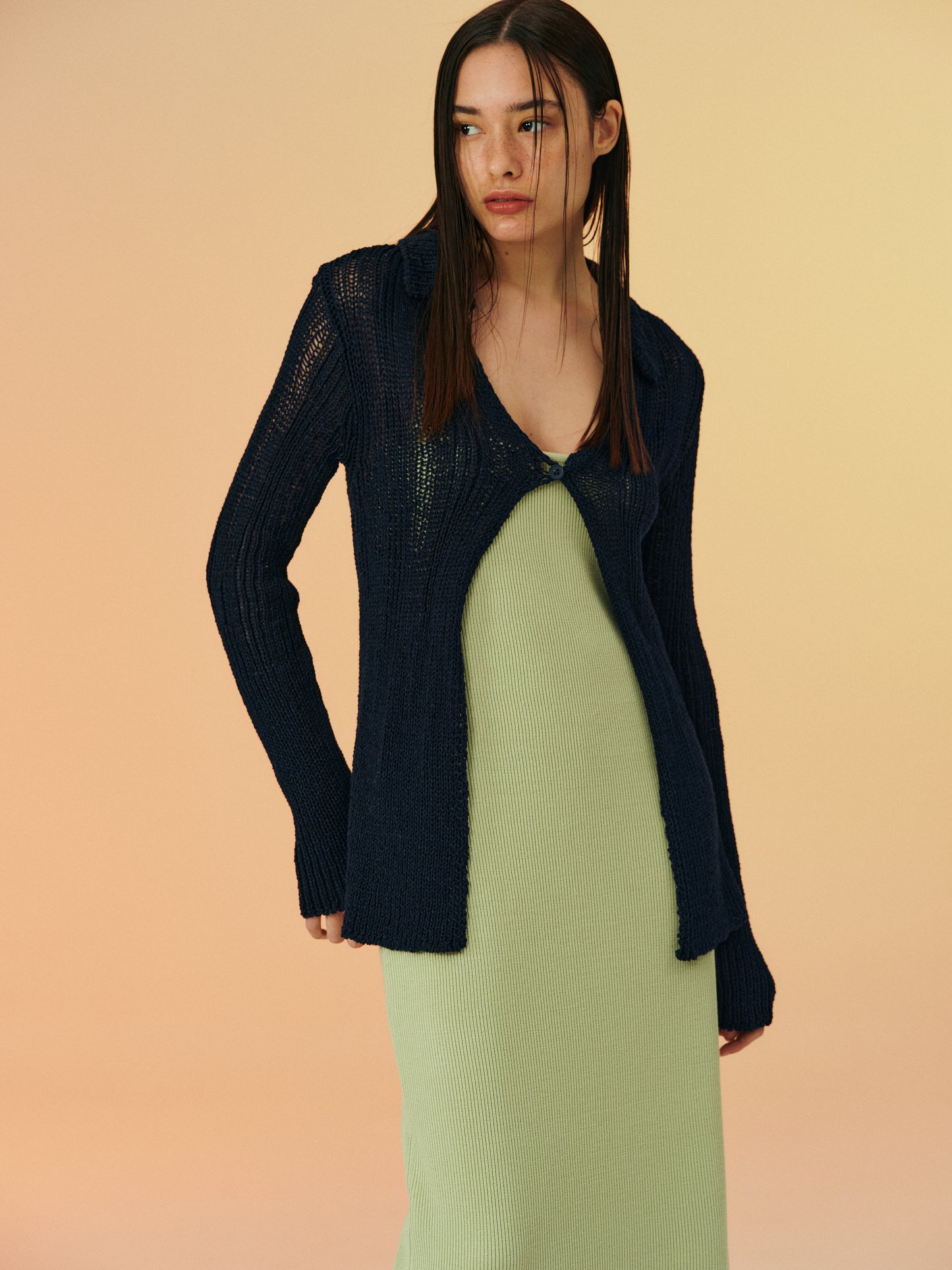 One Button Open Knit Cardigan, Dark Navy