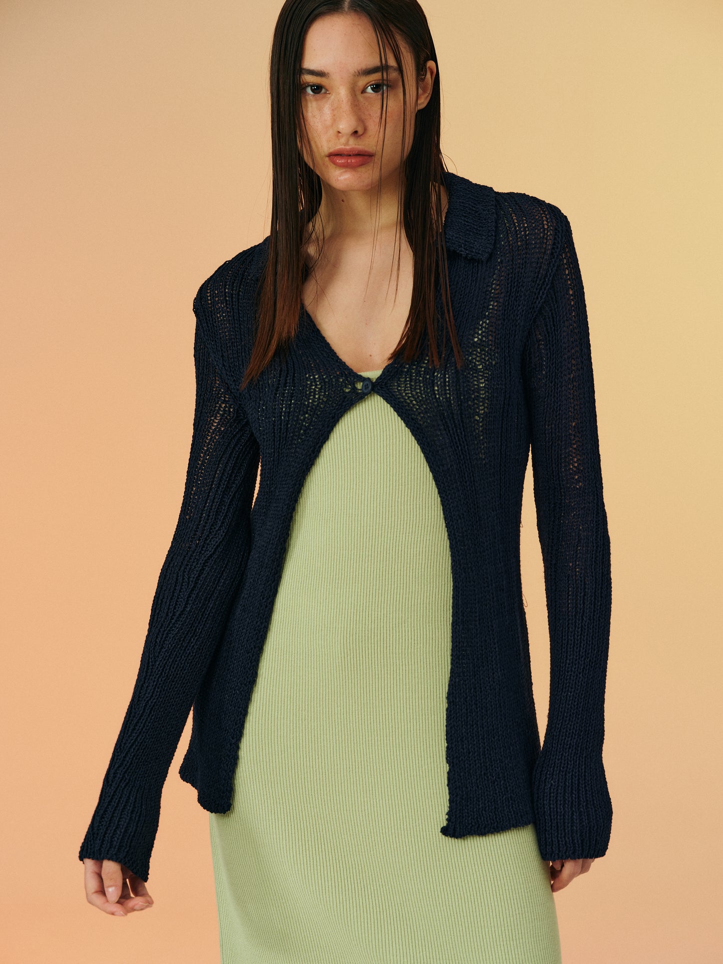 One Button Open Knit Cardigan, Dark Navy