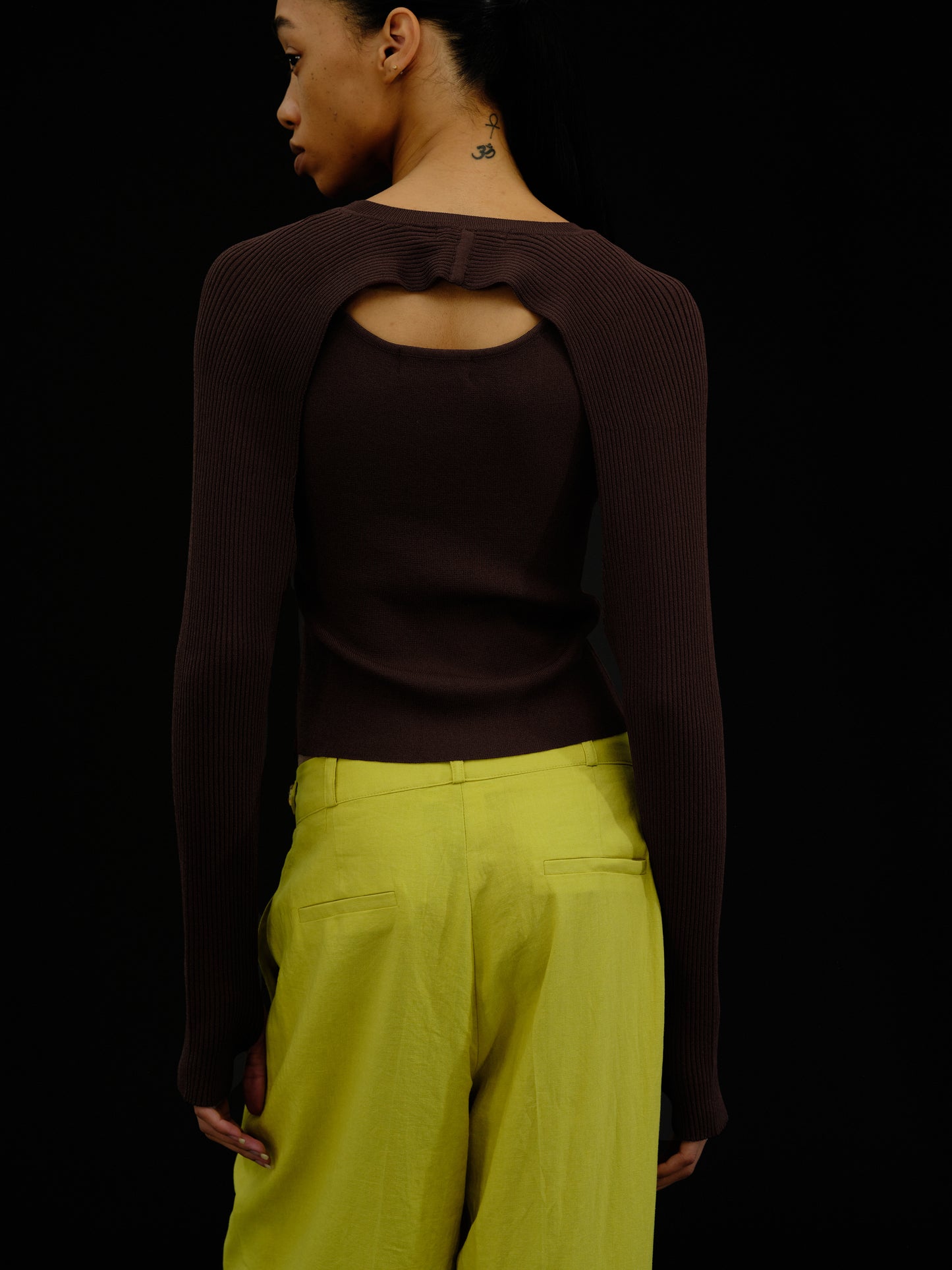 Cut-Out Overlay Knit Set, Dark Brown