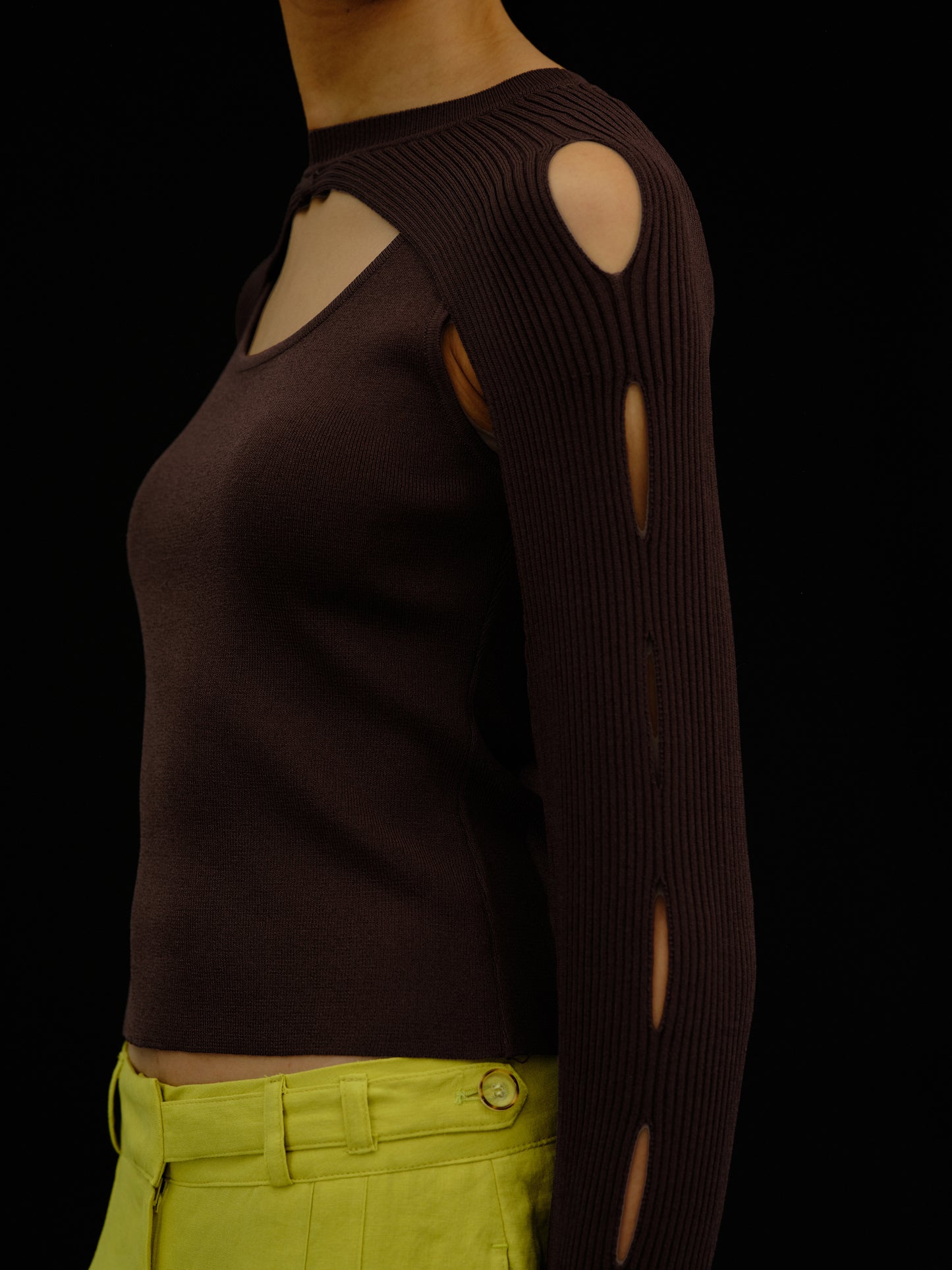 Cut-Out Overlay Knit Set, Dark Brown
