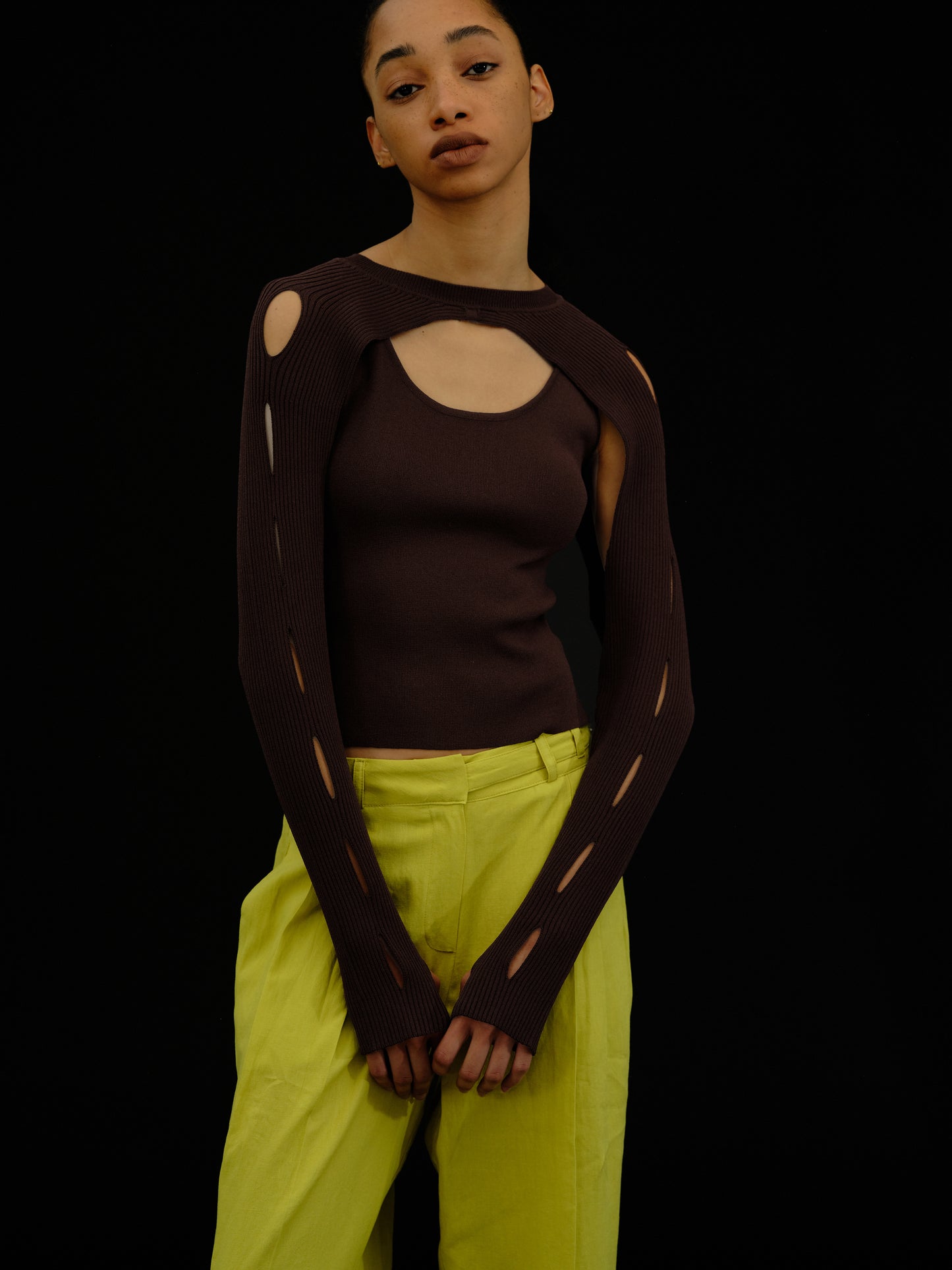 Cut-Out Overlay Knit Set, Dark Brown