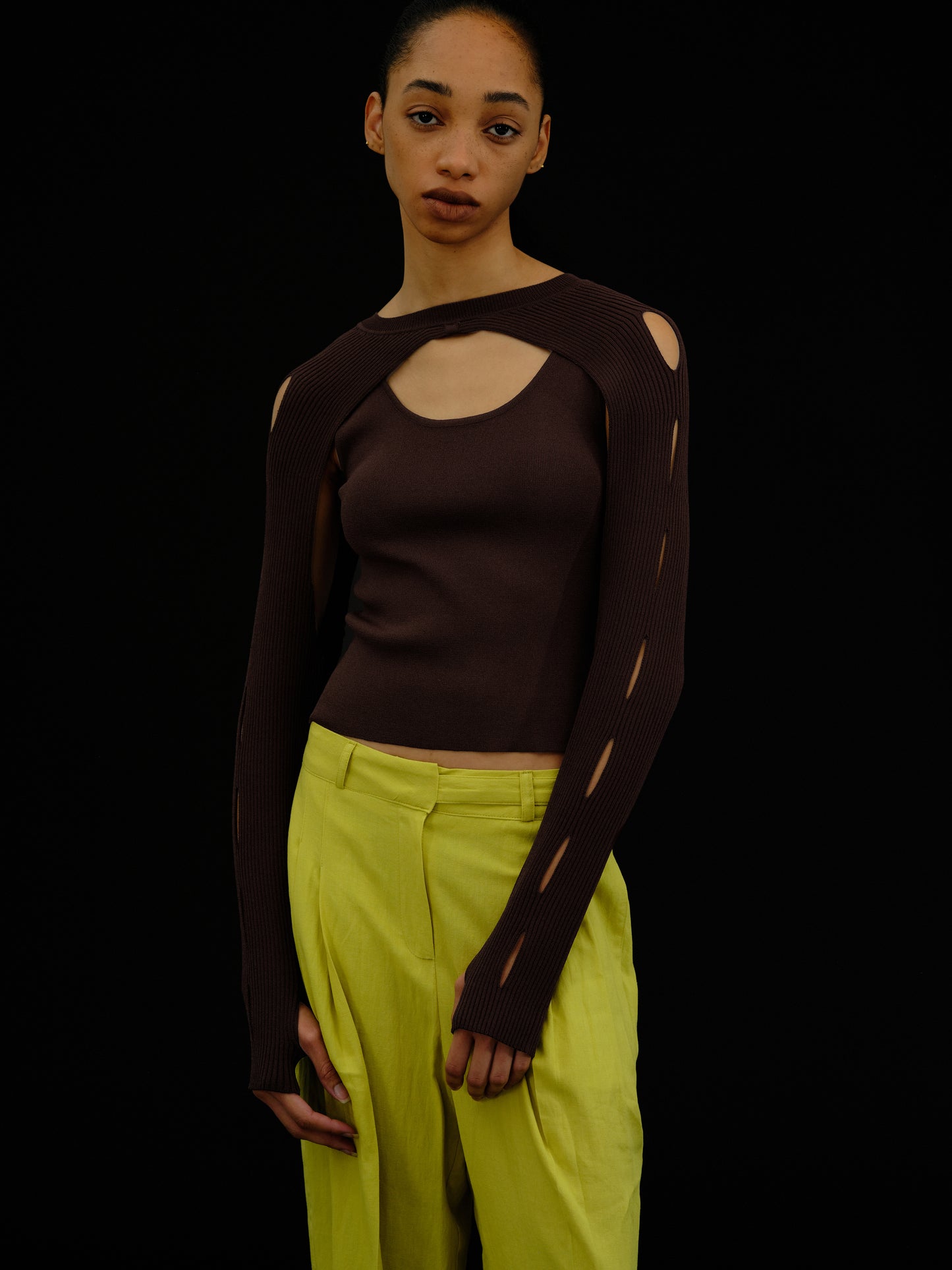 Cut-Out Overlay Knit Set, Dark Brown