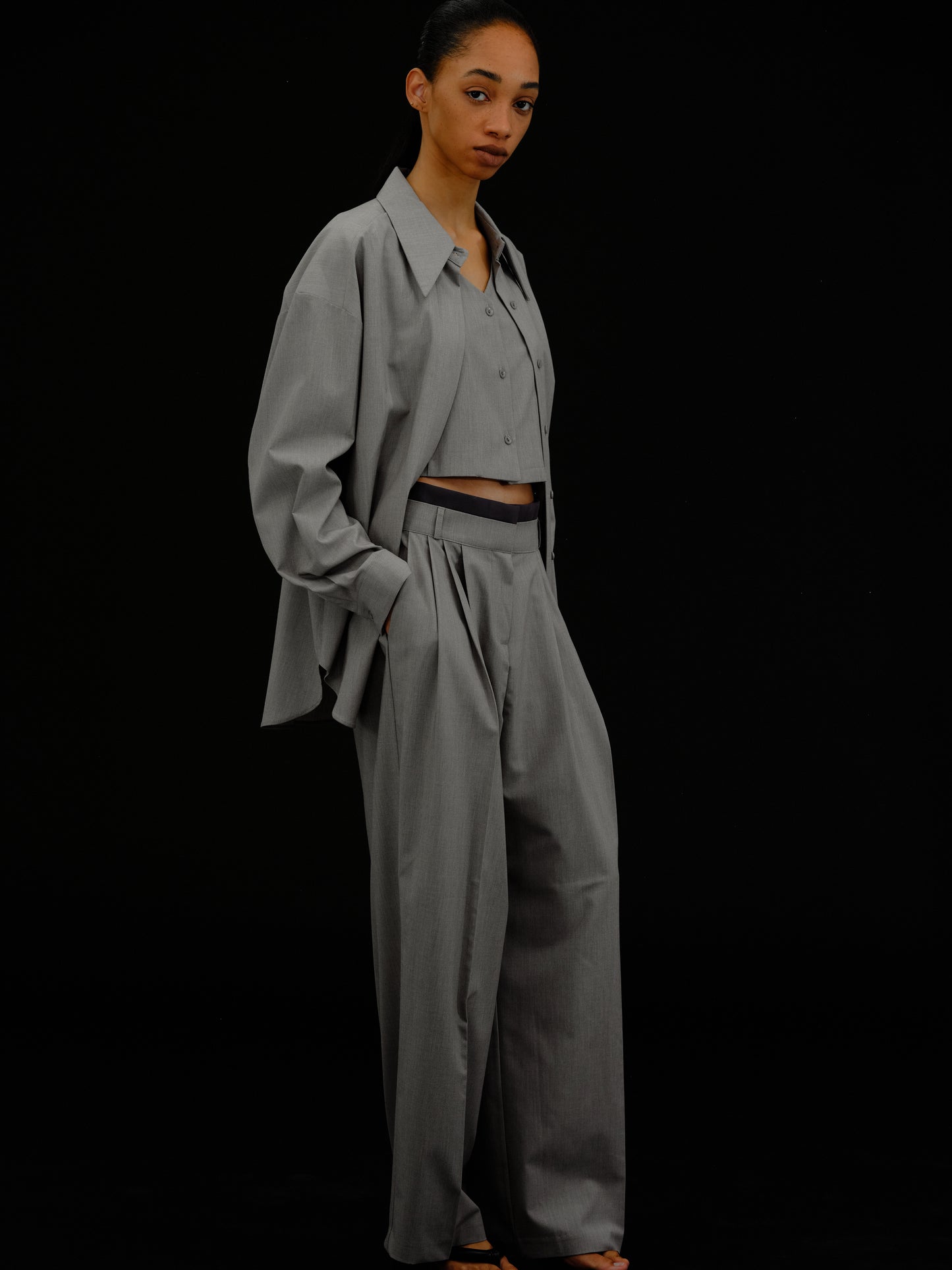 Layered Waistband Trousers, Grey