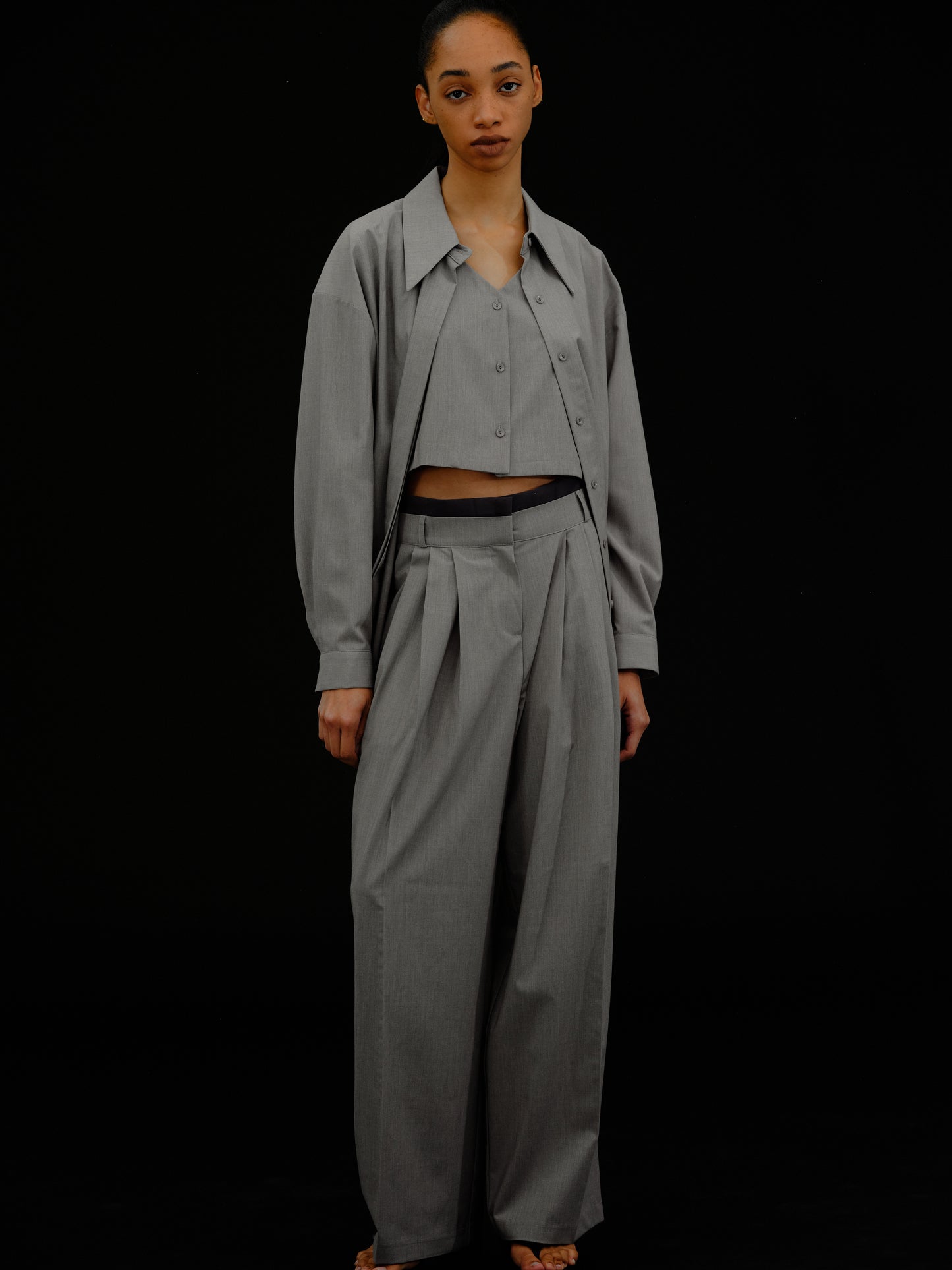 Layered Waistband Trousers, Grey