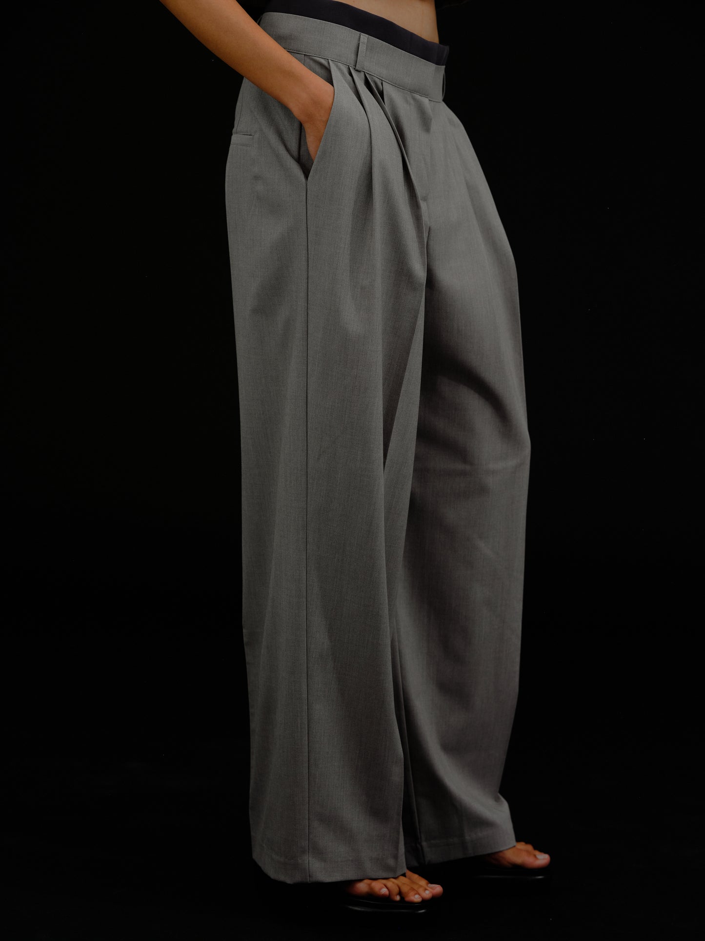 Layered Waistband Trousers, Grey