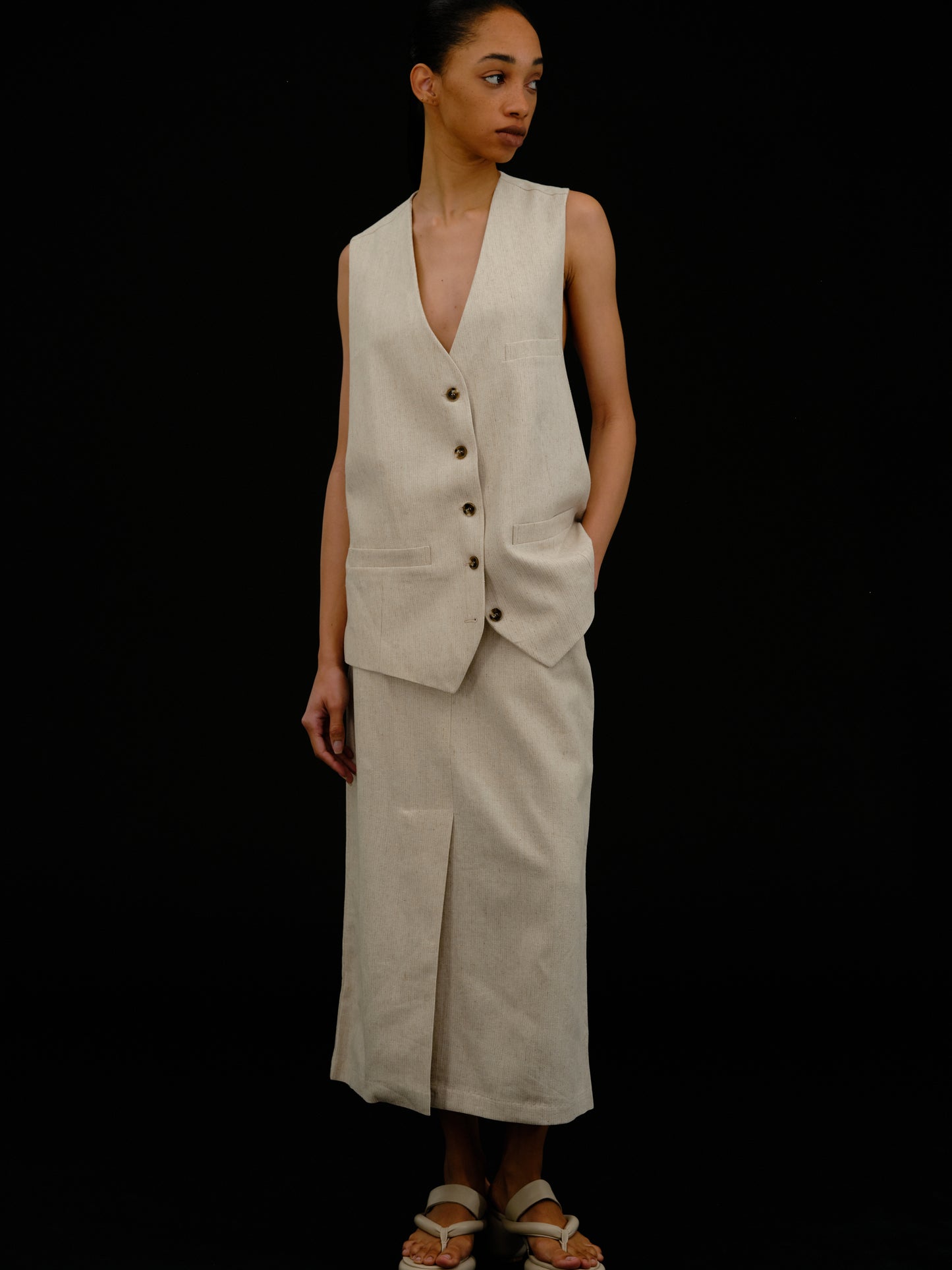 Slit Linen Long Skirt, Toast