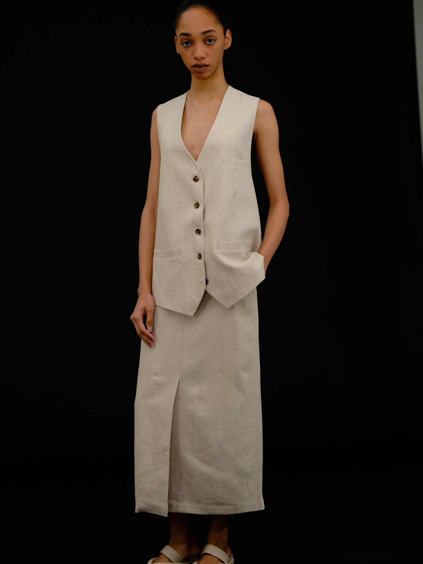 Slit Linen Long Skirt, Toast