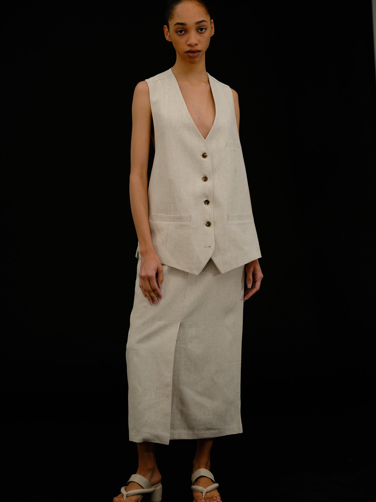 Slit Linen Long Skirt, Toast