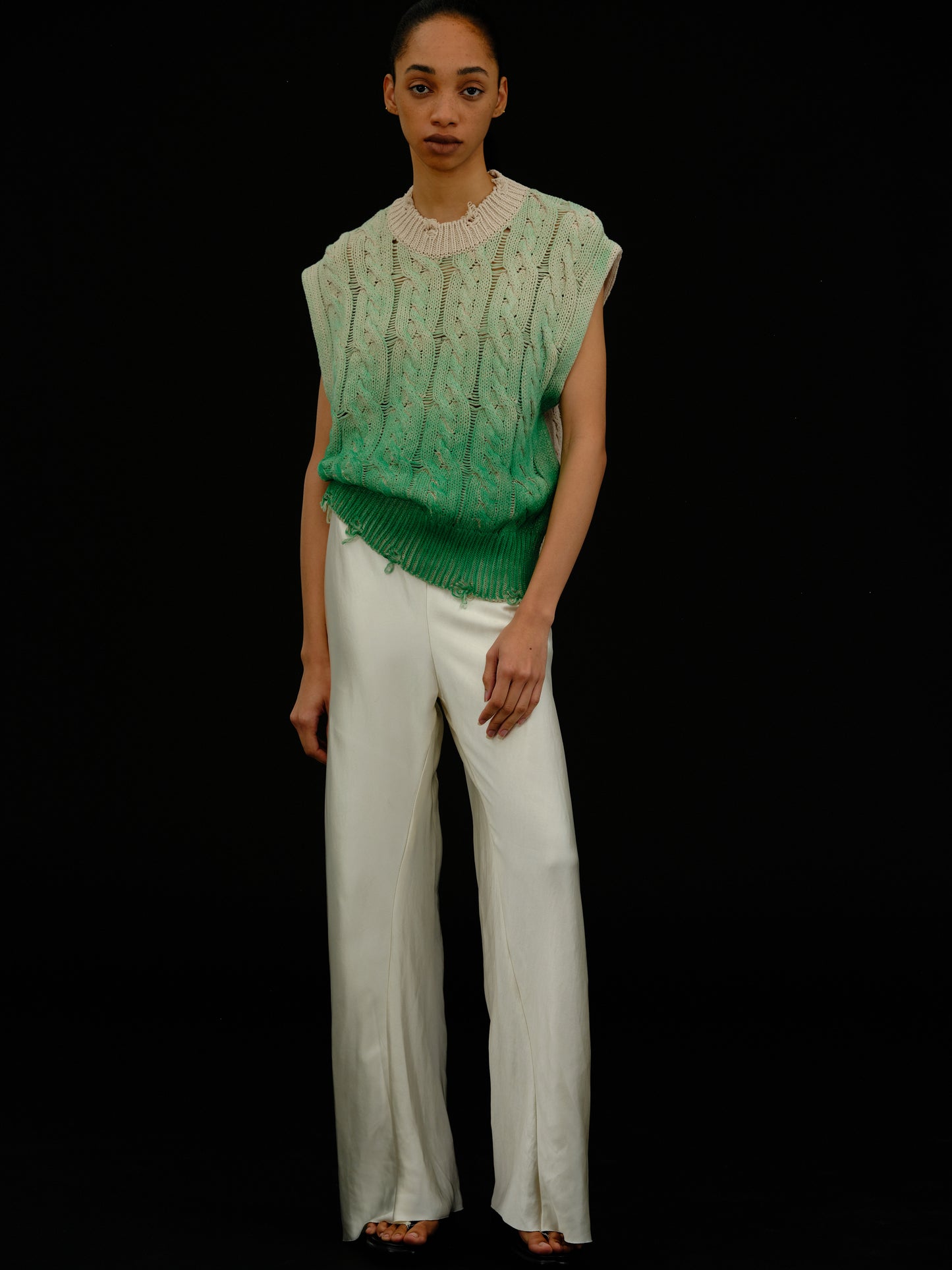 Spray Paint Cable Knit Vest, Jade Green