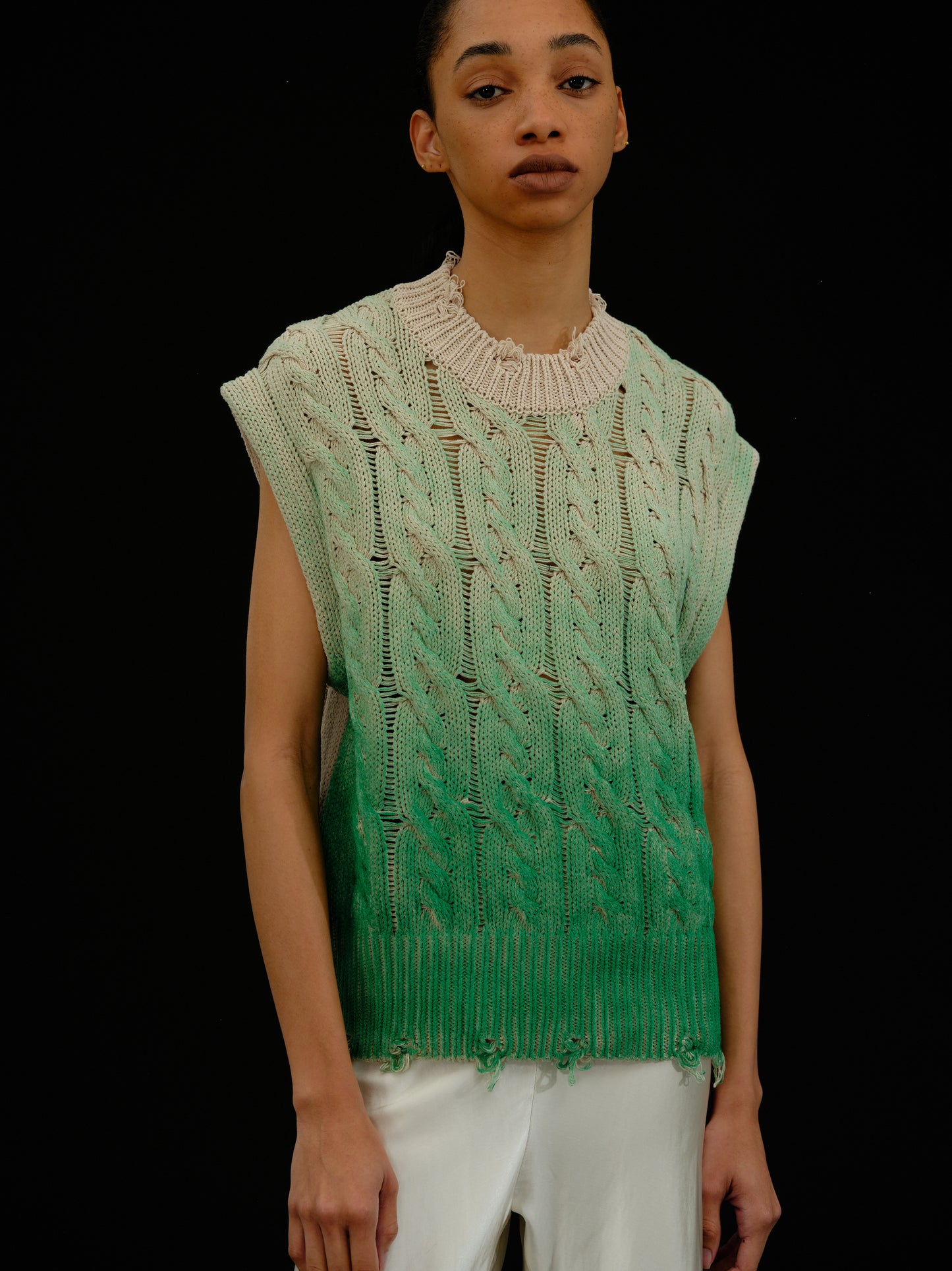 Spray Paint Cable Knit Vest, Jade Green
