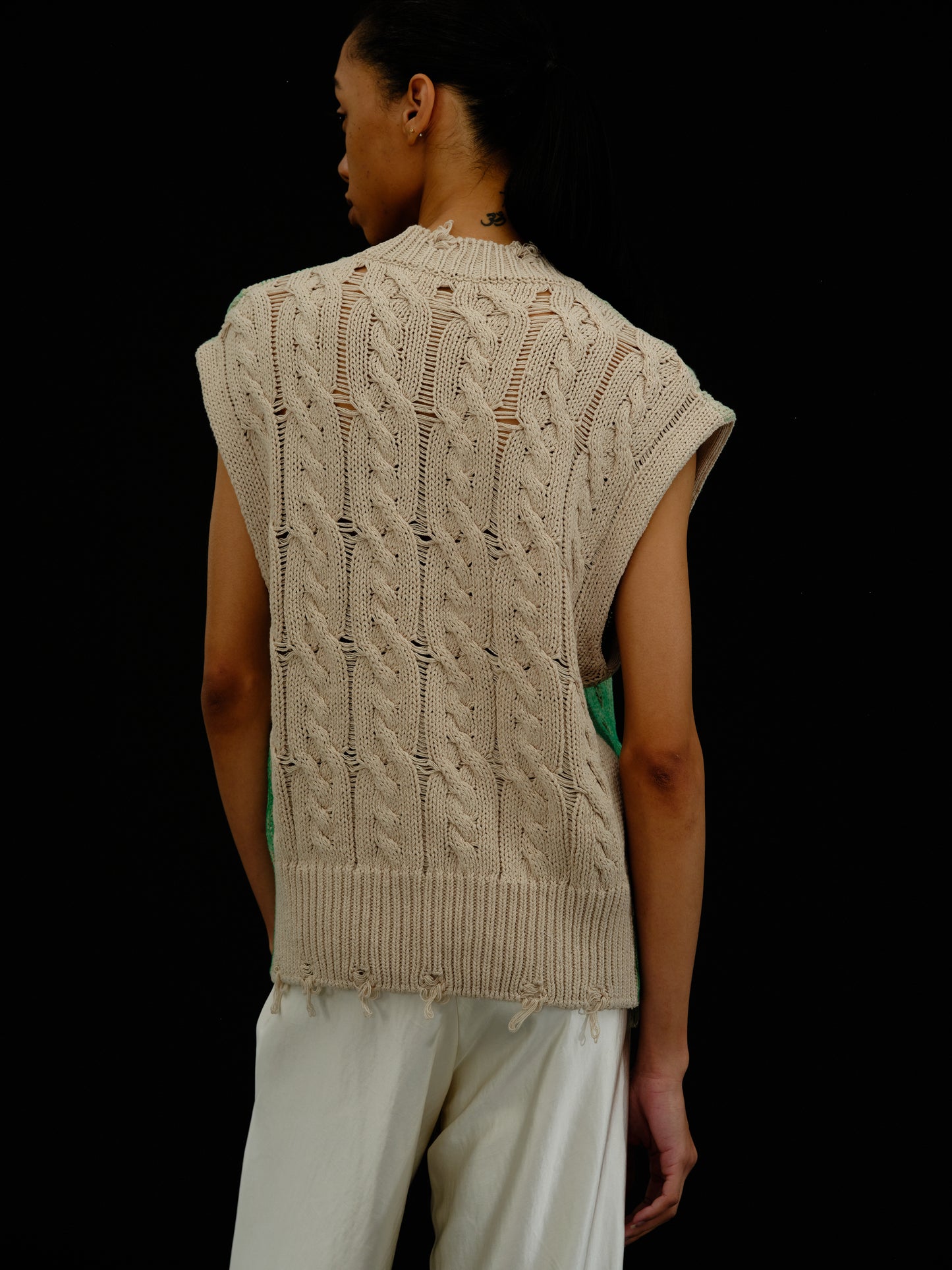 Spray Paint Cable Knit Vest, Jade Green
