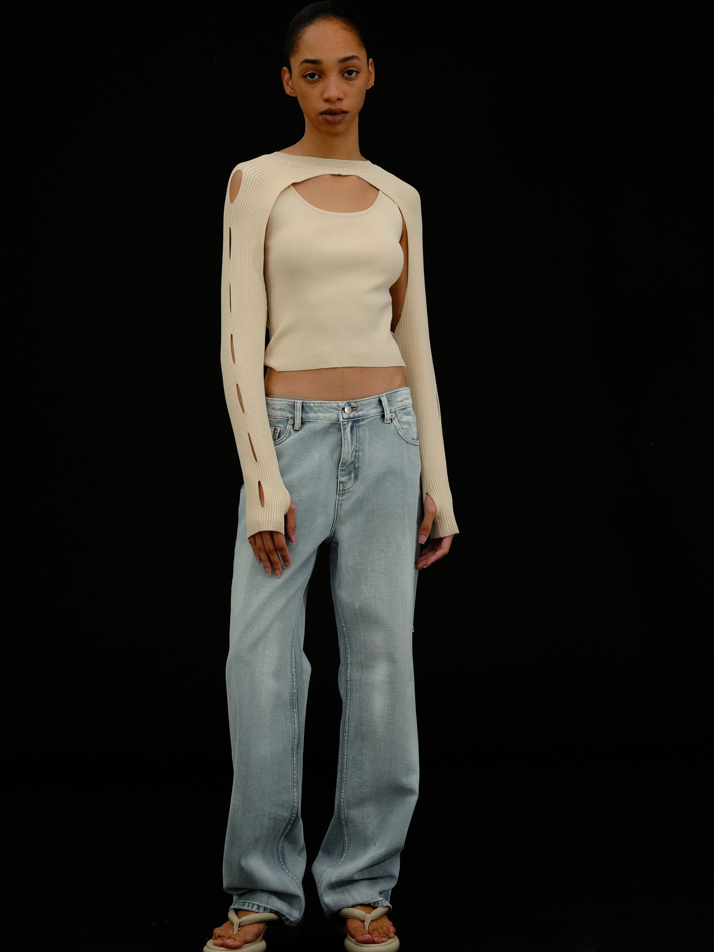 Cut-Out Overlay Knit Set, Natural Beige