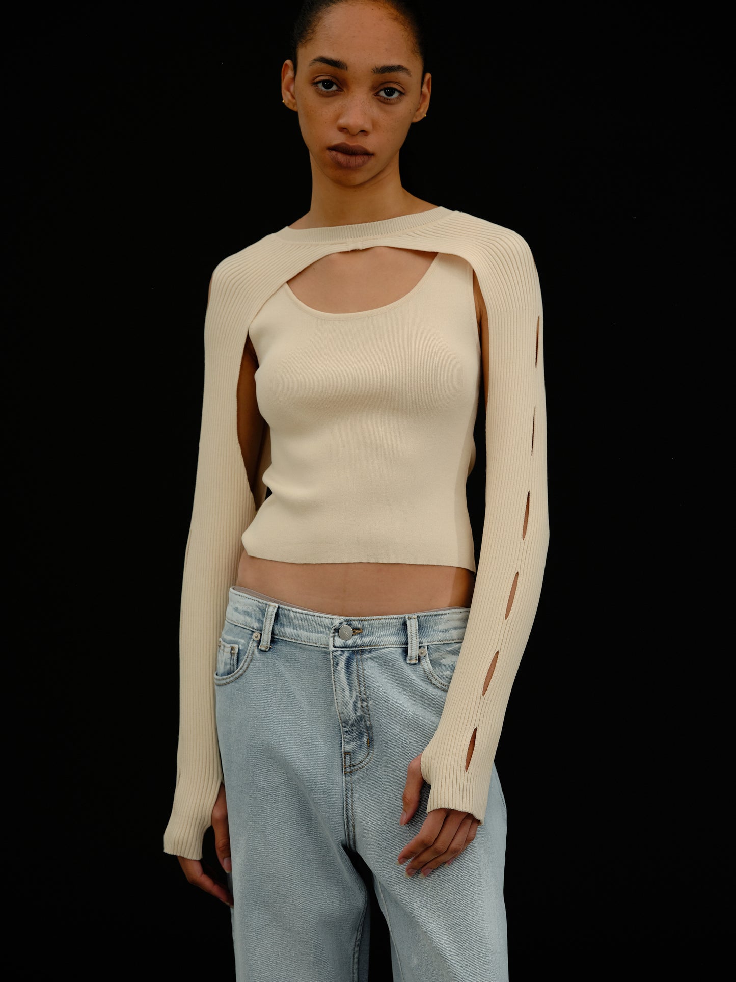 Cut-Out Overlay Knit Set, Natural Beige