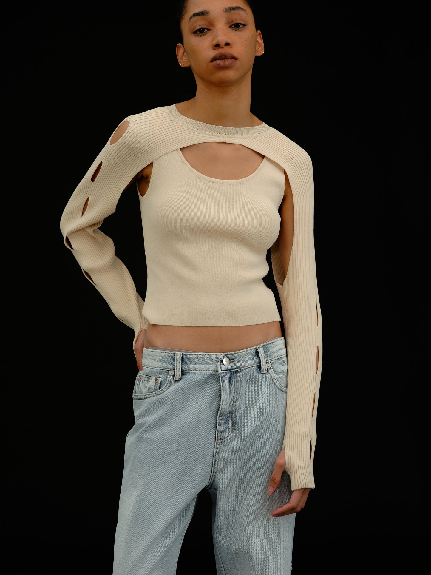 Cut-Out Overlay Knit Set, Natural Beige