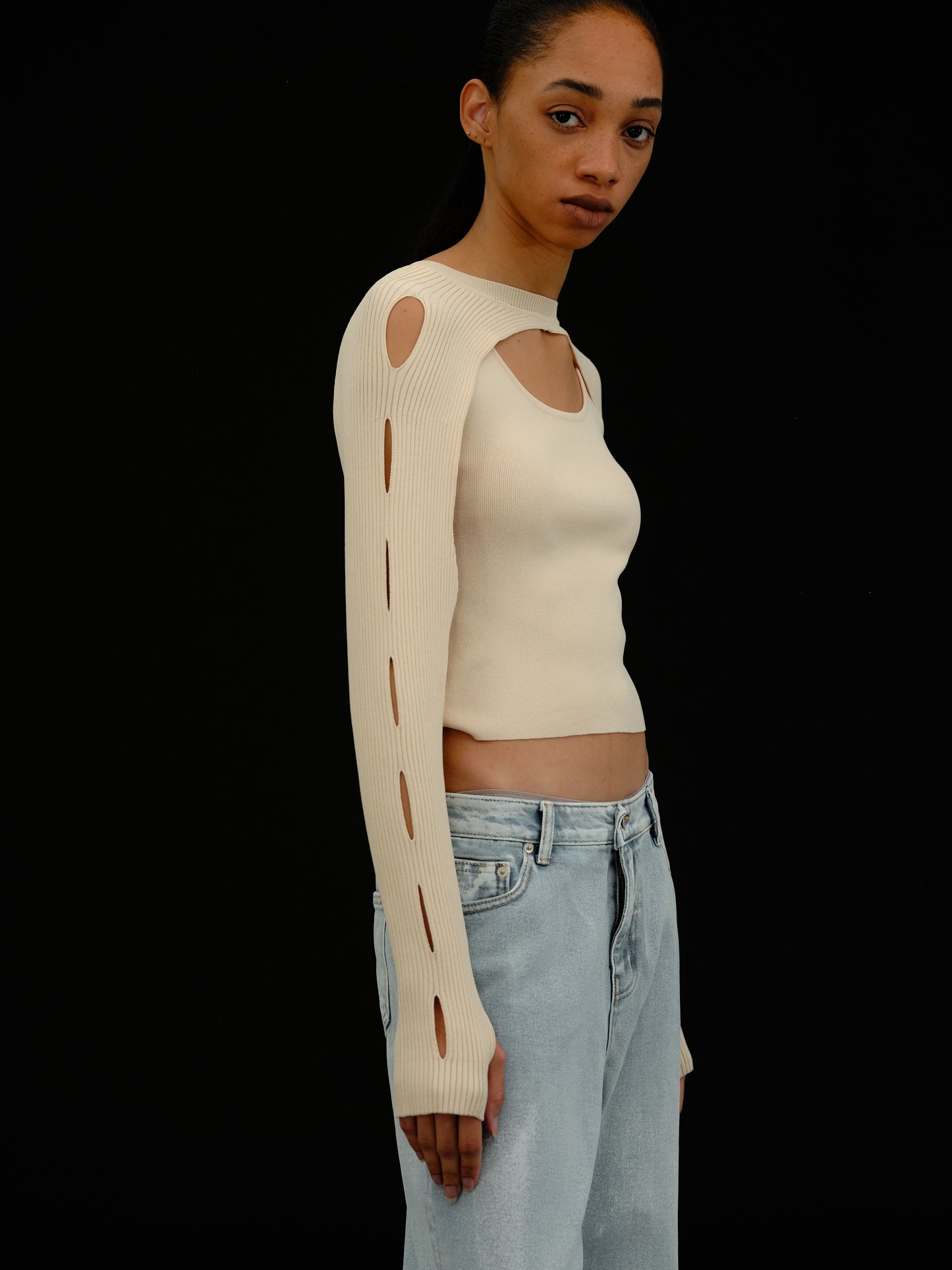 Cut-Out Overlay Knit Set, Natural Beige
