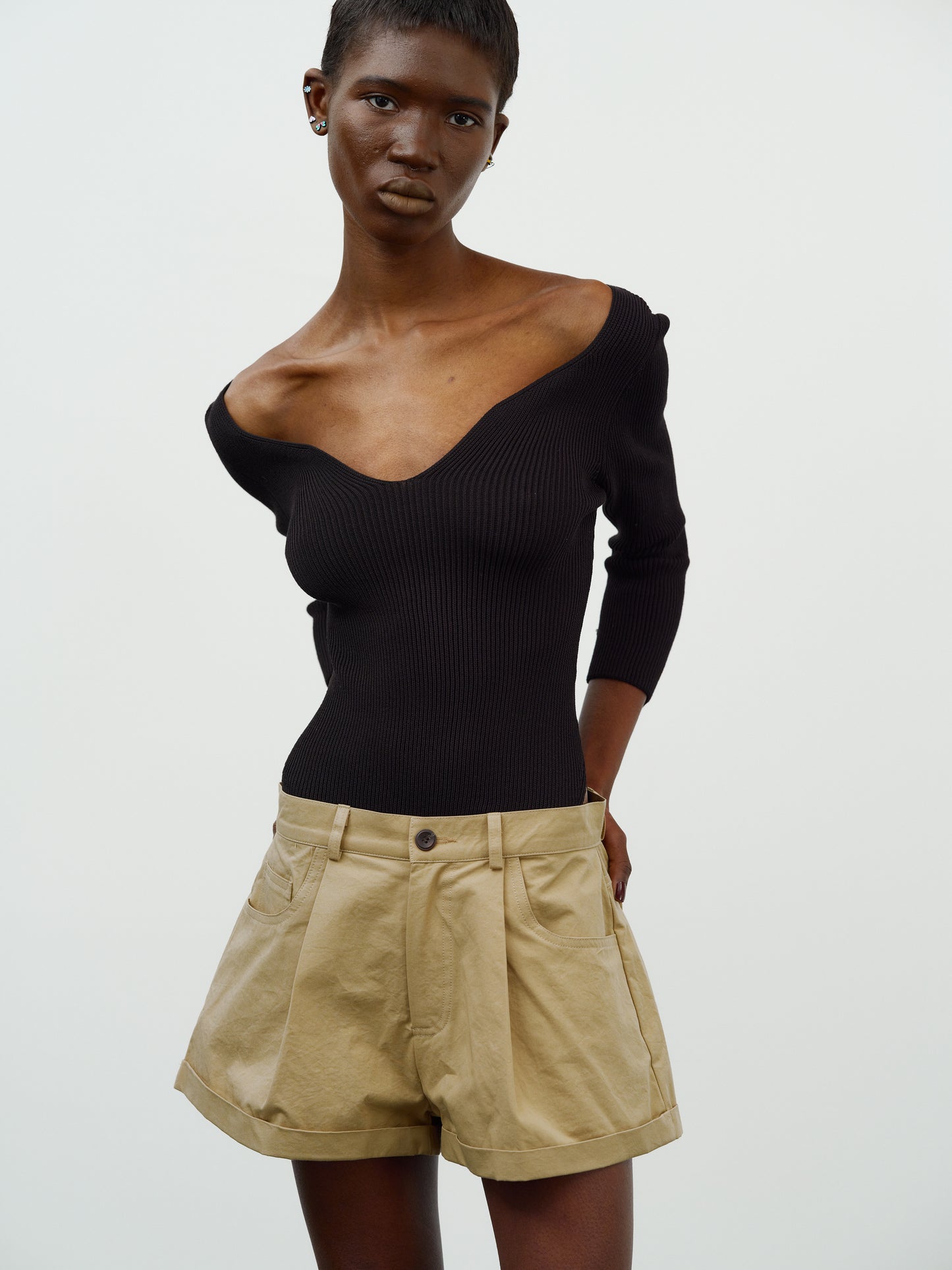 Deep Sweetheart Neckline Ribbed Knit, Black