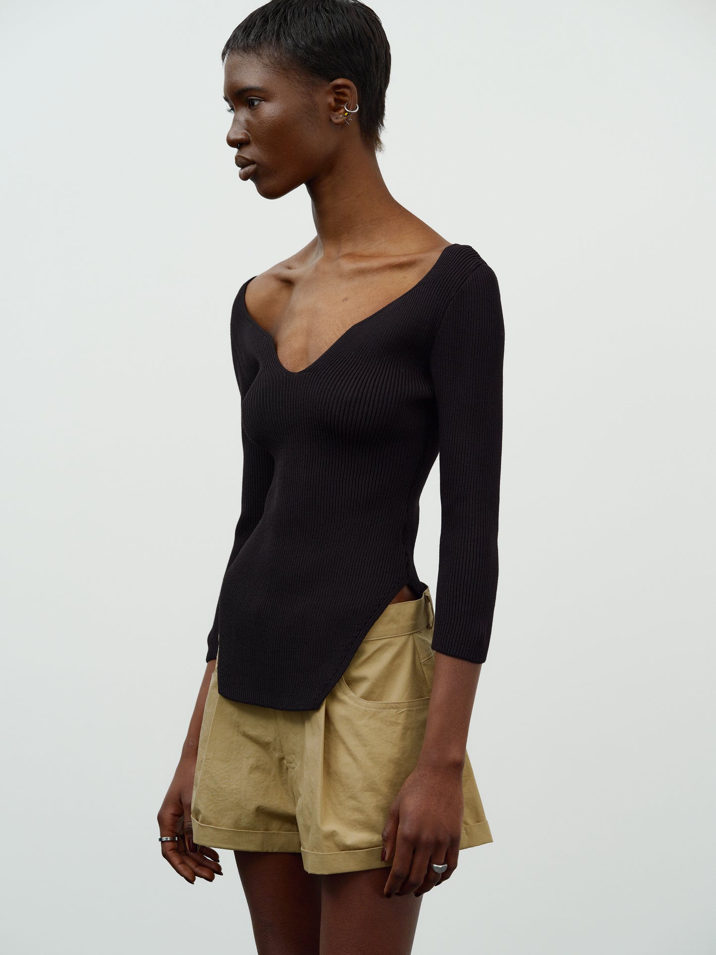 Deep Sweetheart Neckline Ribbed Knit, Black