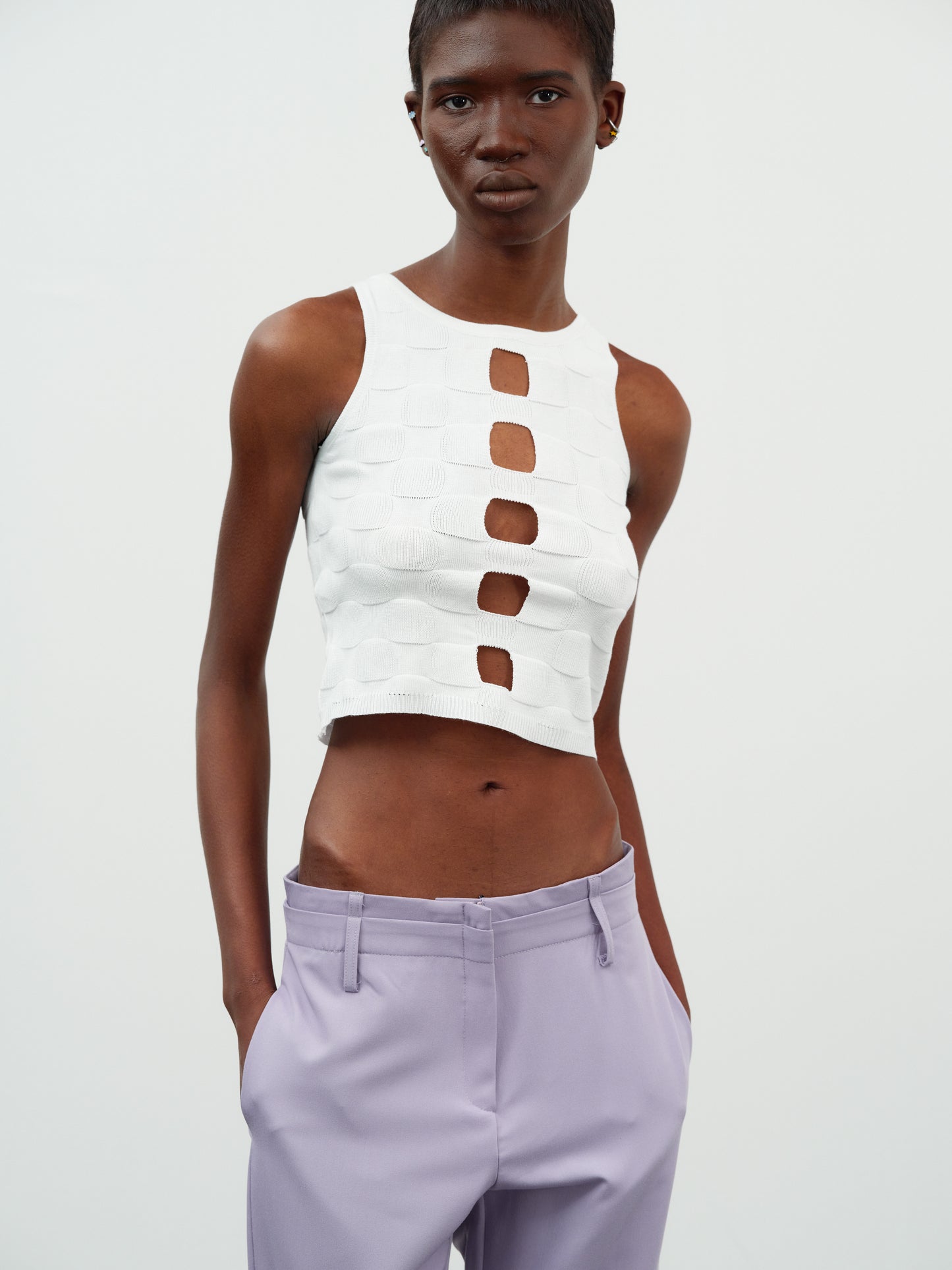 Cut-Out Crop Knit Tank Top, White