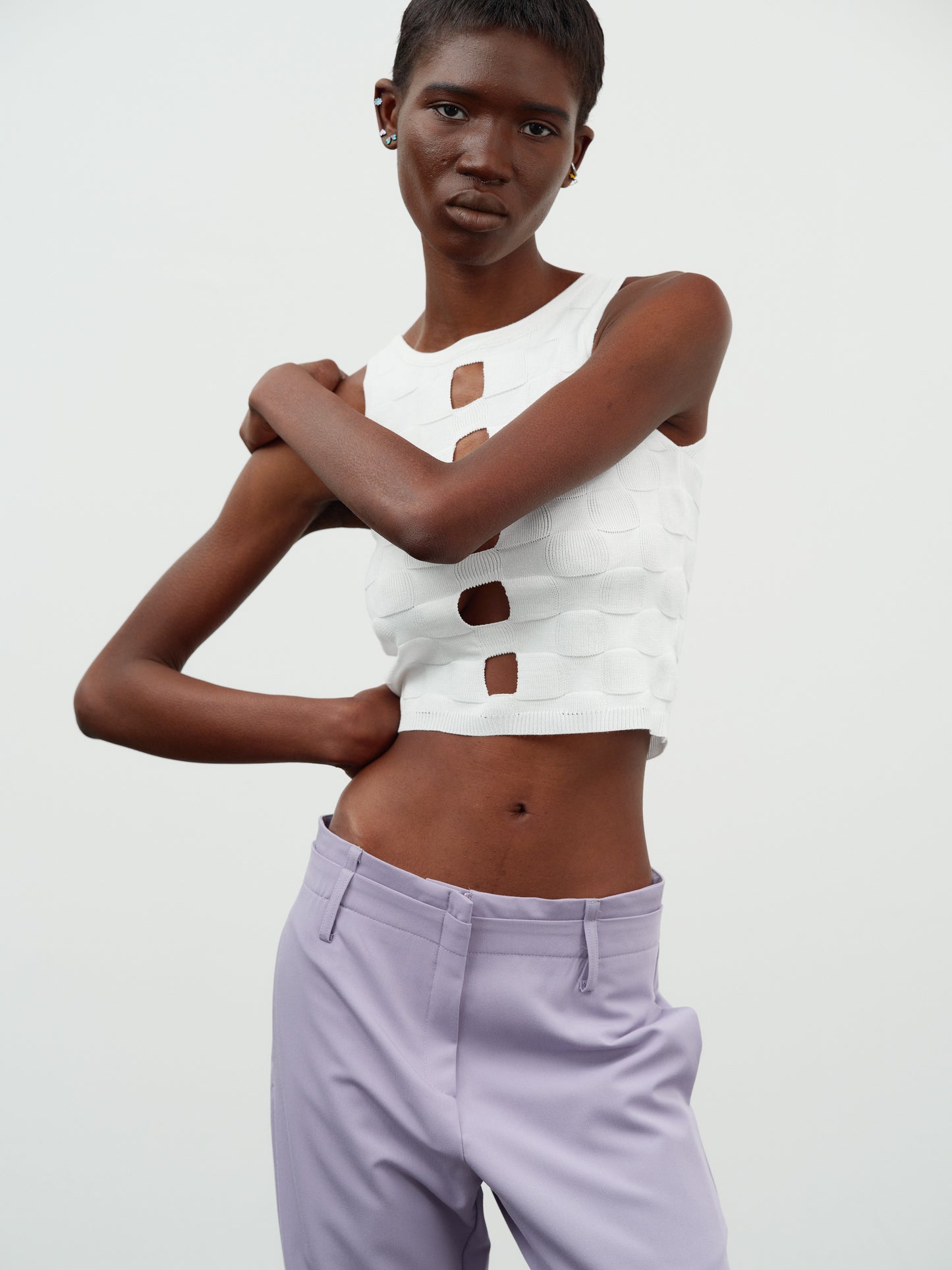 Cut-Out Crop Knit Tank Top, White