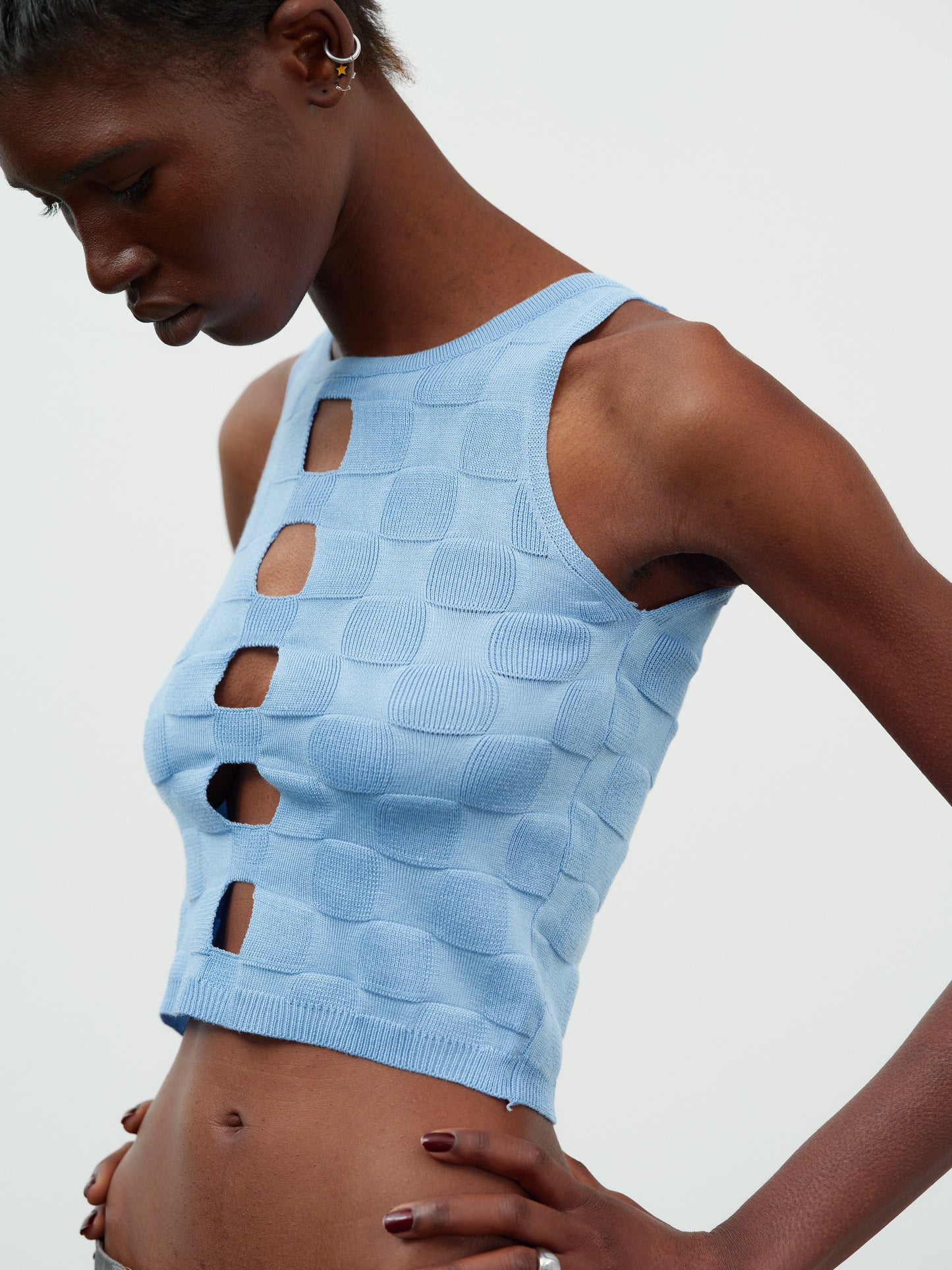 Cut-Out Crop Knit Tank Top, Sky