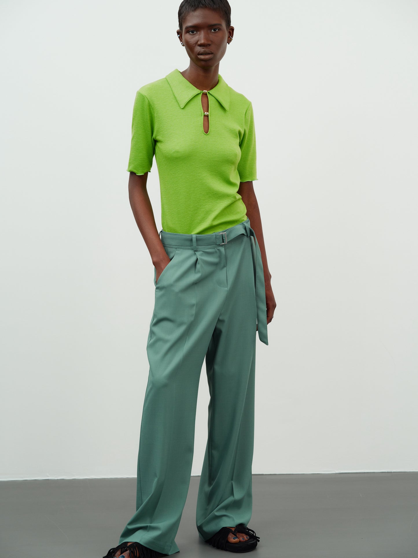 Fluid Belted Trousers, Eucalyptus