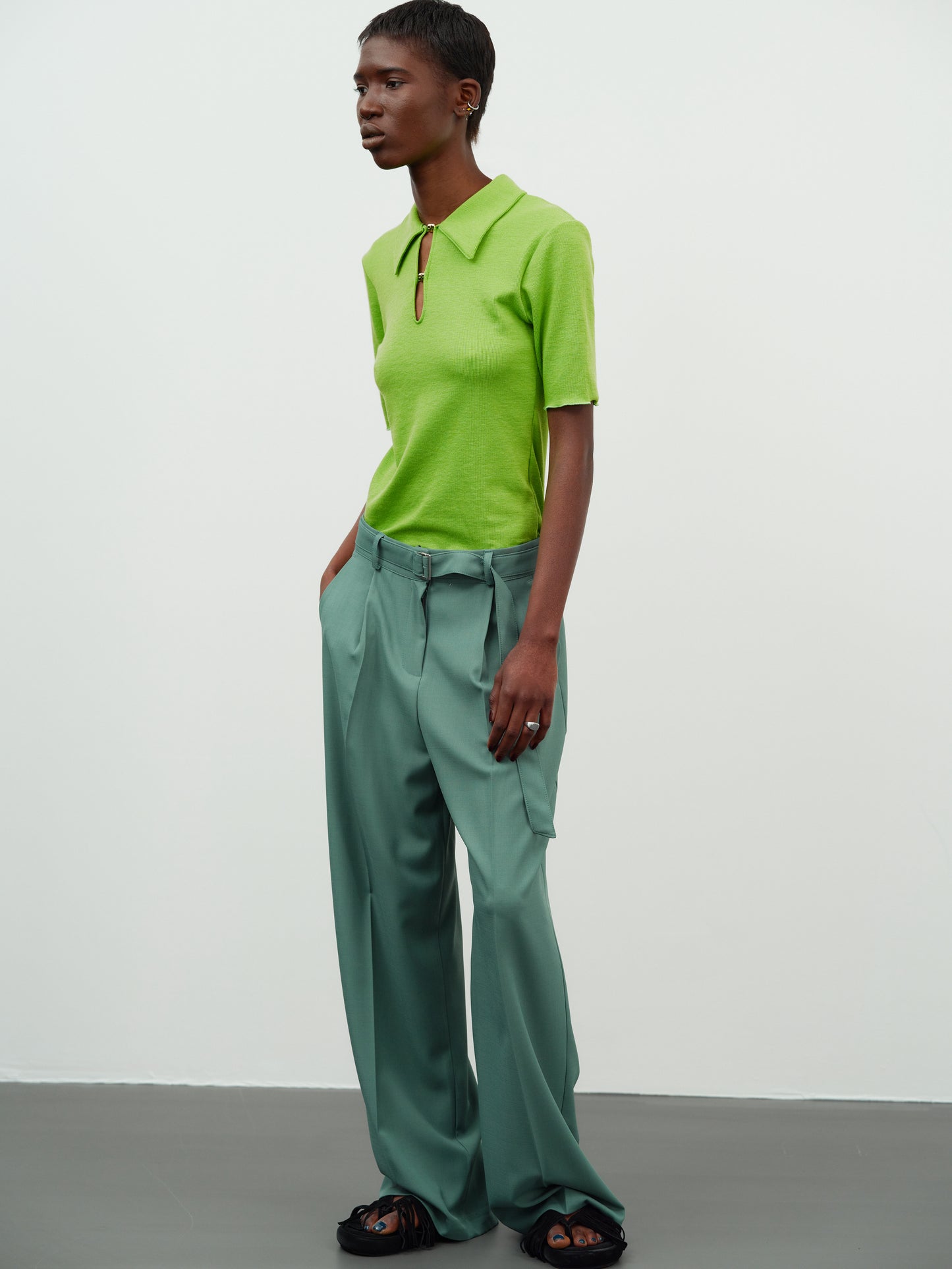 Fluid Belted Trousers, Eucalyptus