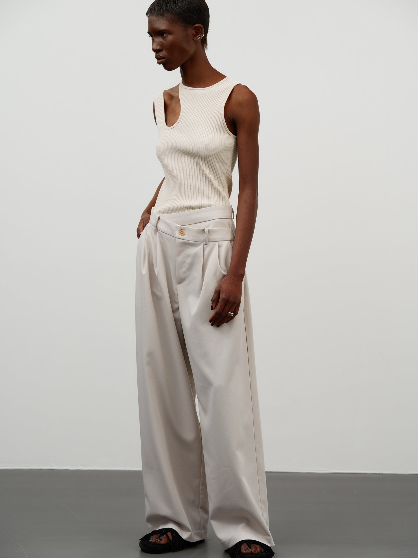 Criss-Cross Pintuck Trousers, Egret