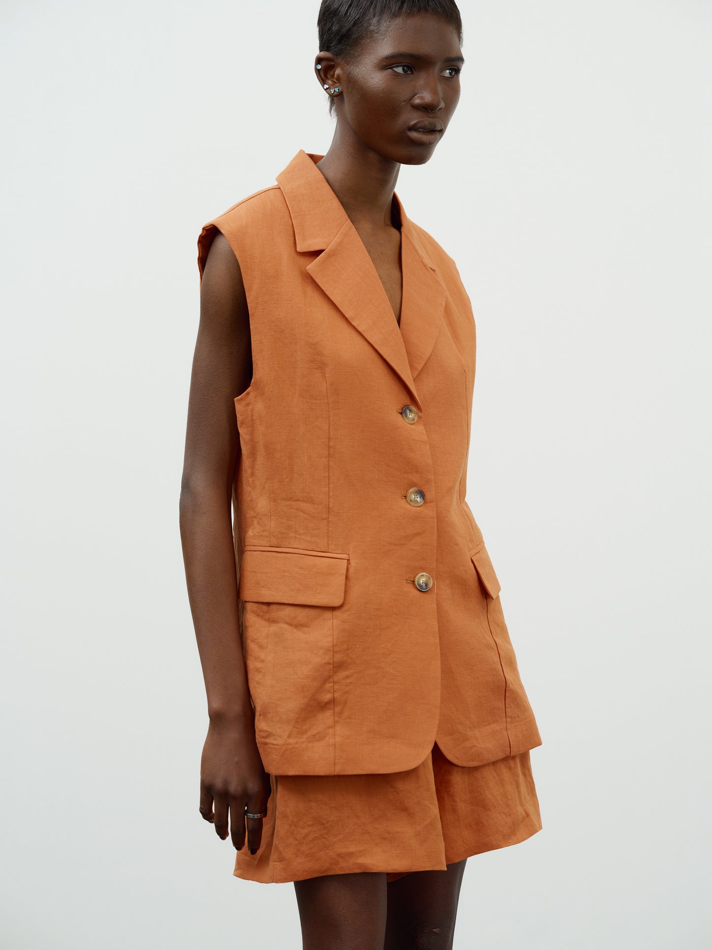 Linen Tailored Vest, Mock Orange
