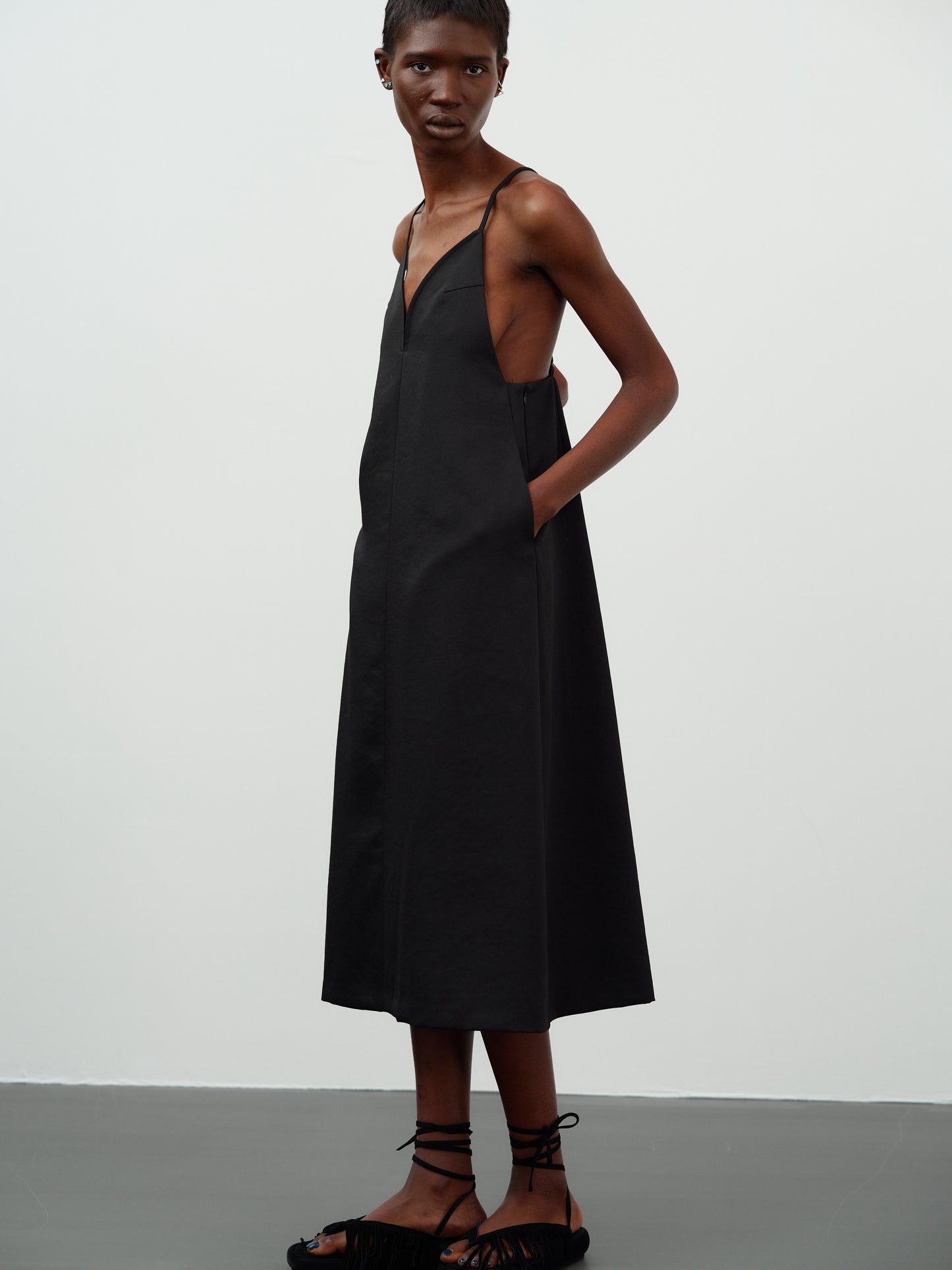 Low Back Heart Slip Dress, Black