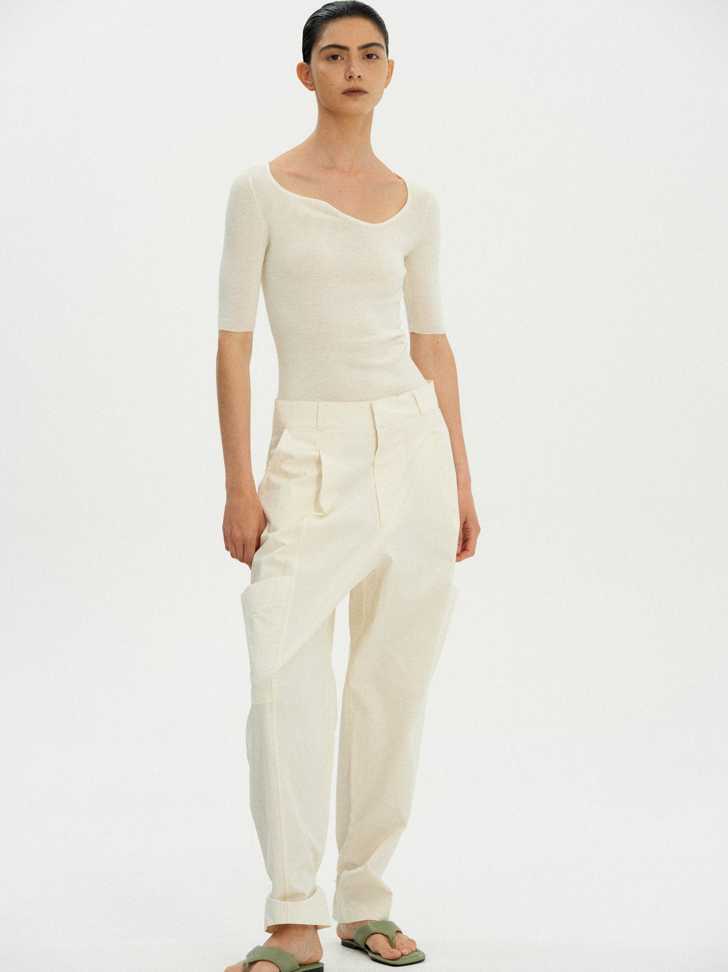 Curve Neck Knit Top, Powder