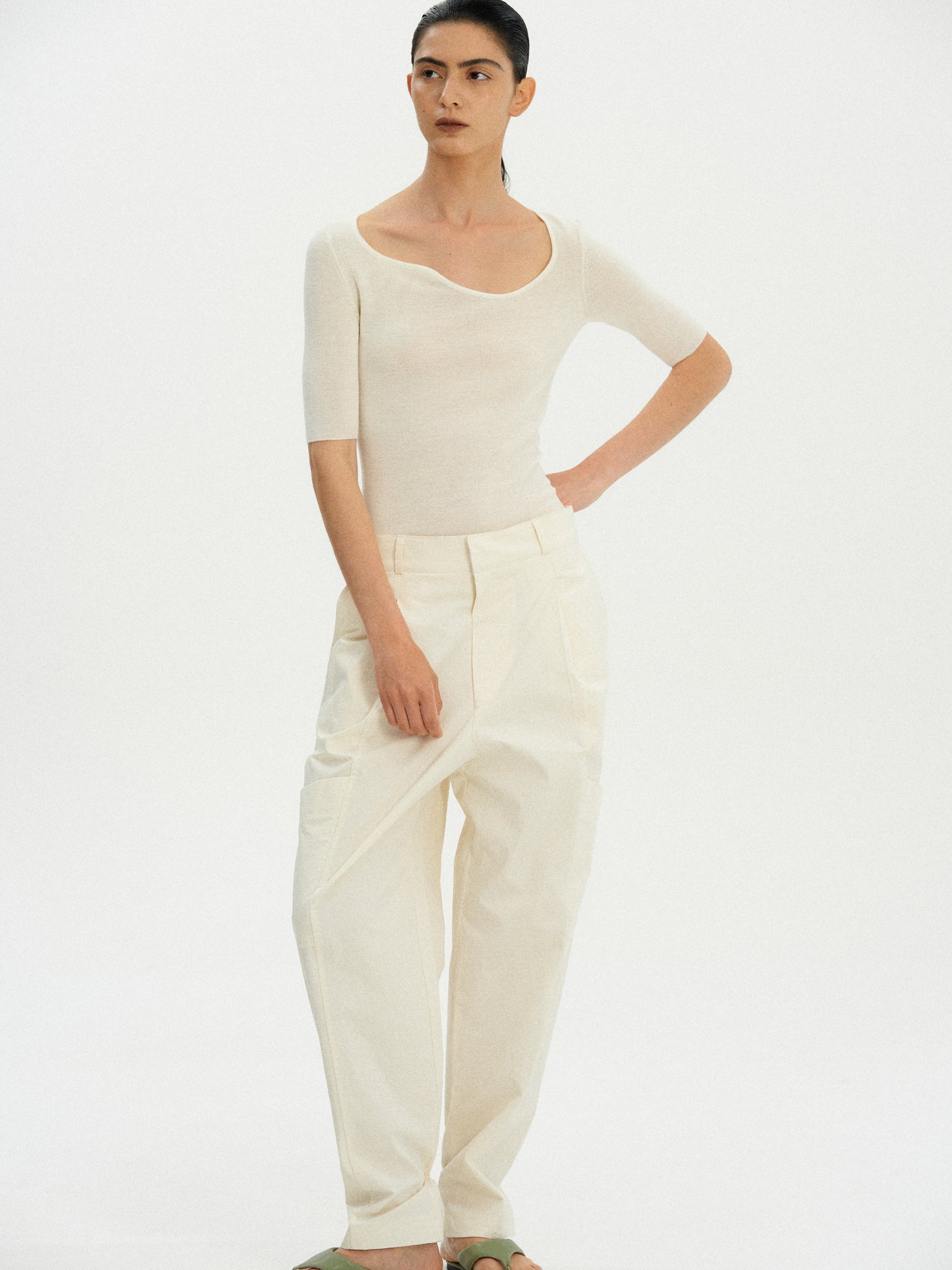 Curve Neck Knit Top, Powder