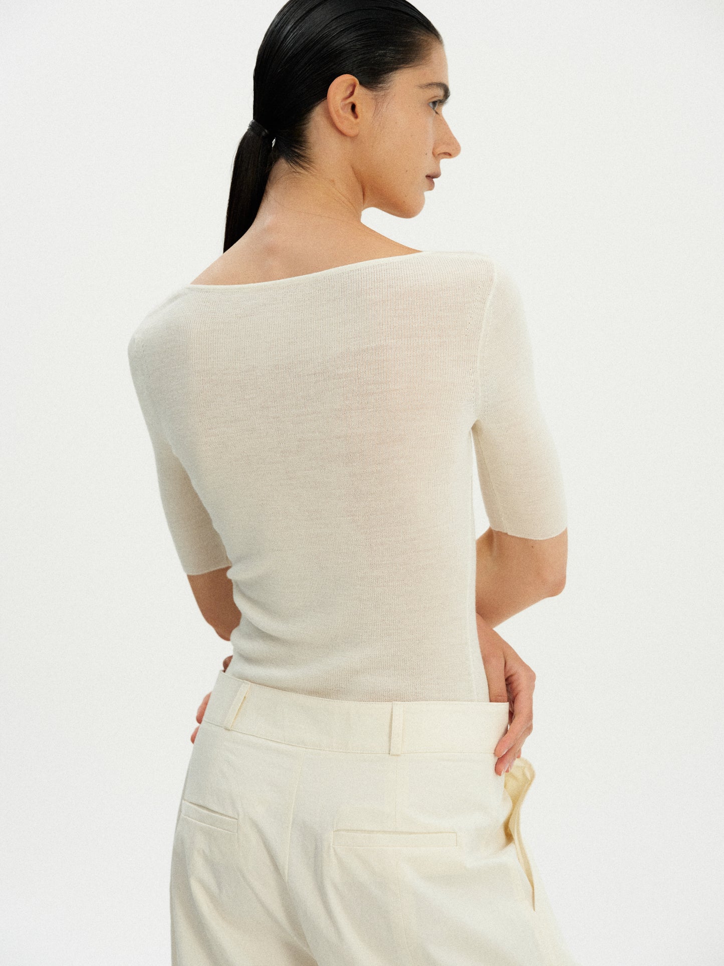 Curve Neck Knit Top, Powder