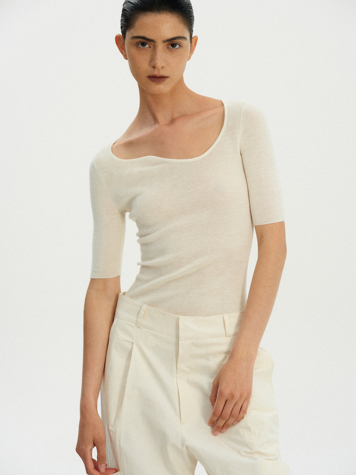 Curve Neck Knit Top, Powder