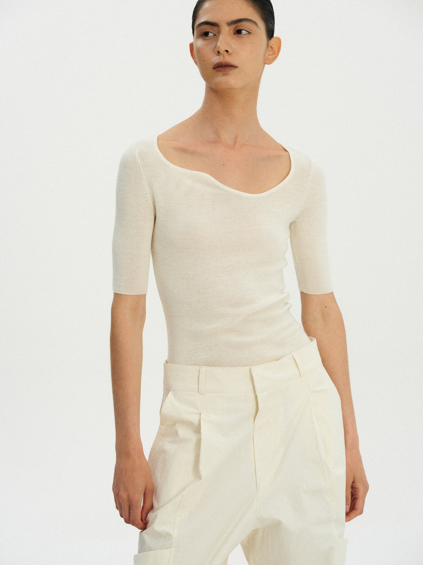 Curve Neck Knit Top, Powder