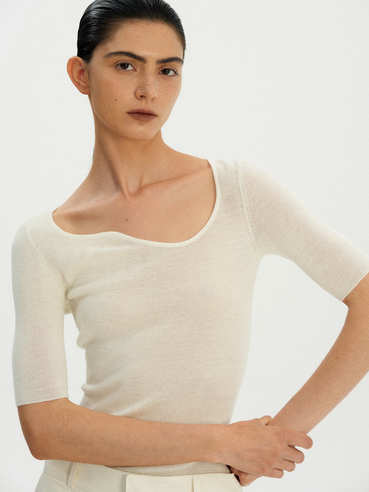 Curve Neck Knit Top, Powder