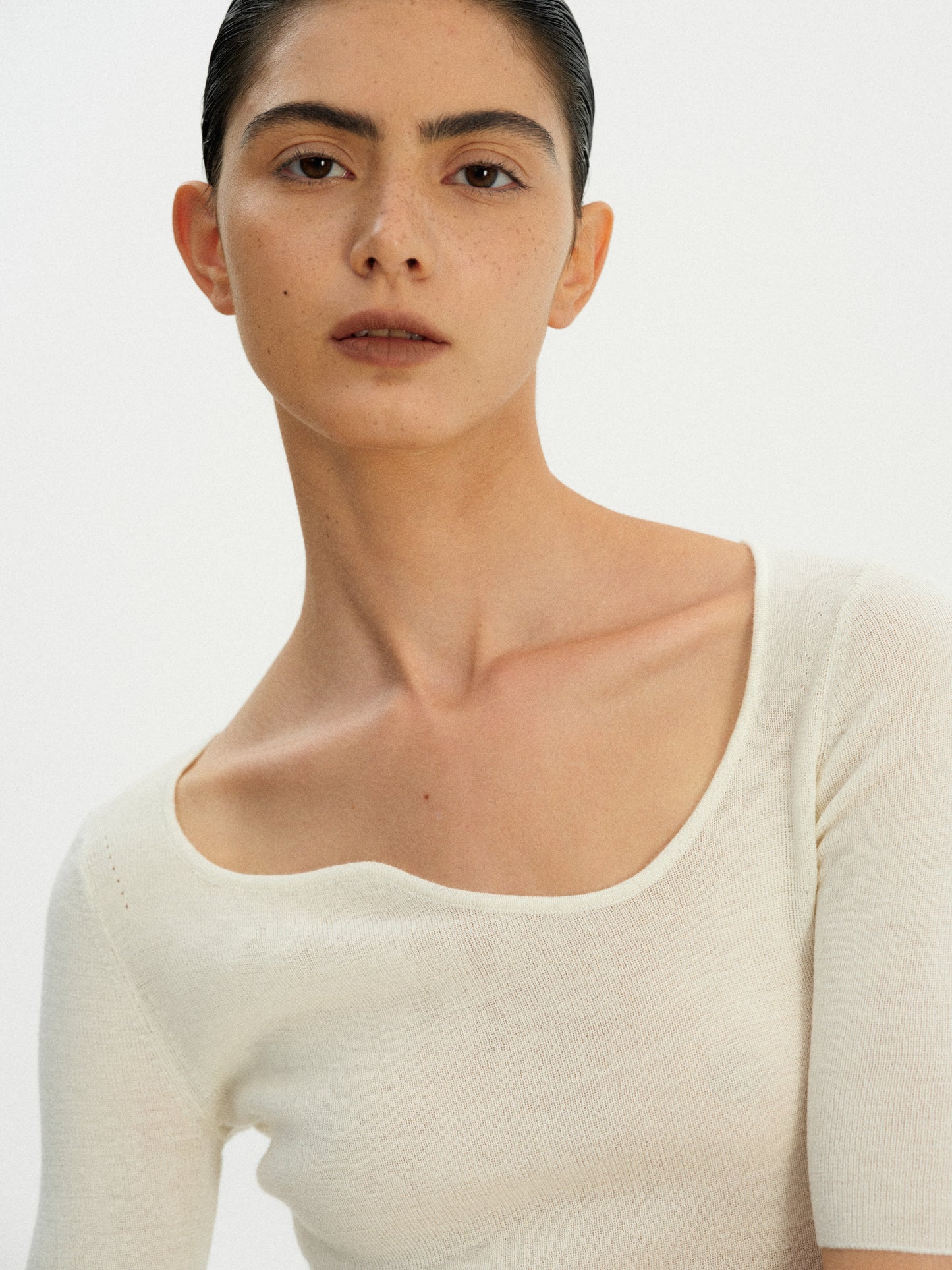 Curve Neck Knit Top, Powder