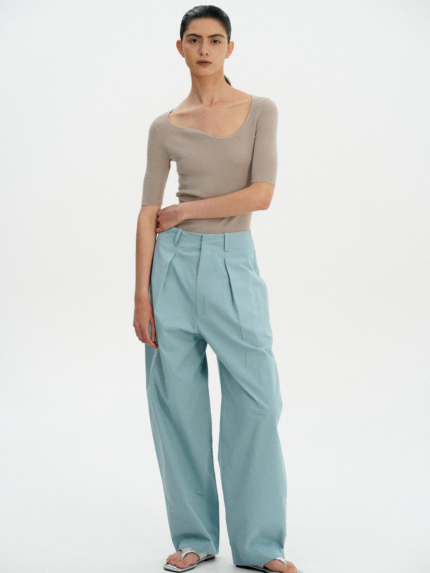 Curve Neck Knit Top, Taupe
