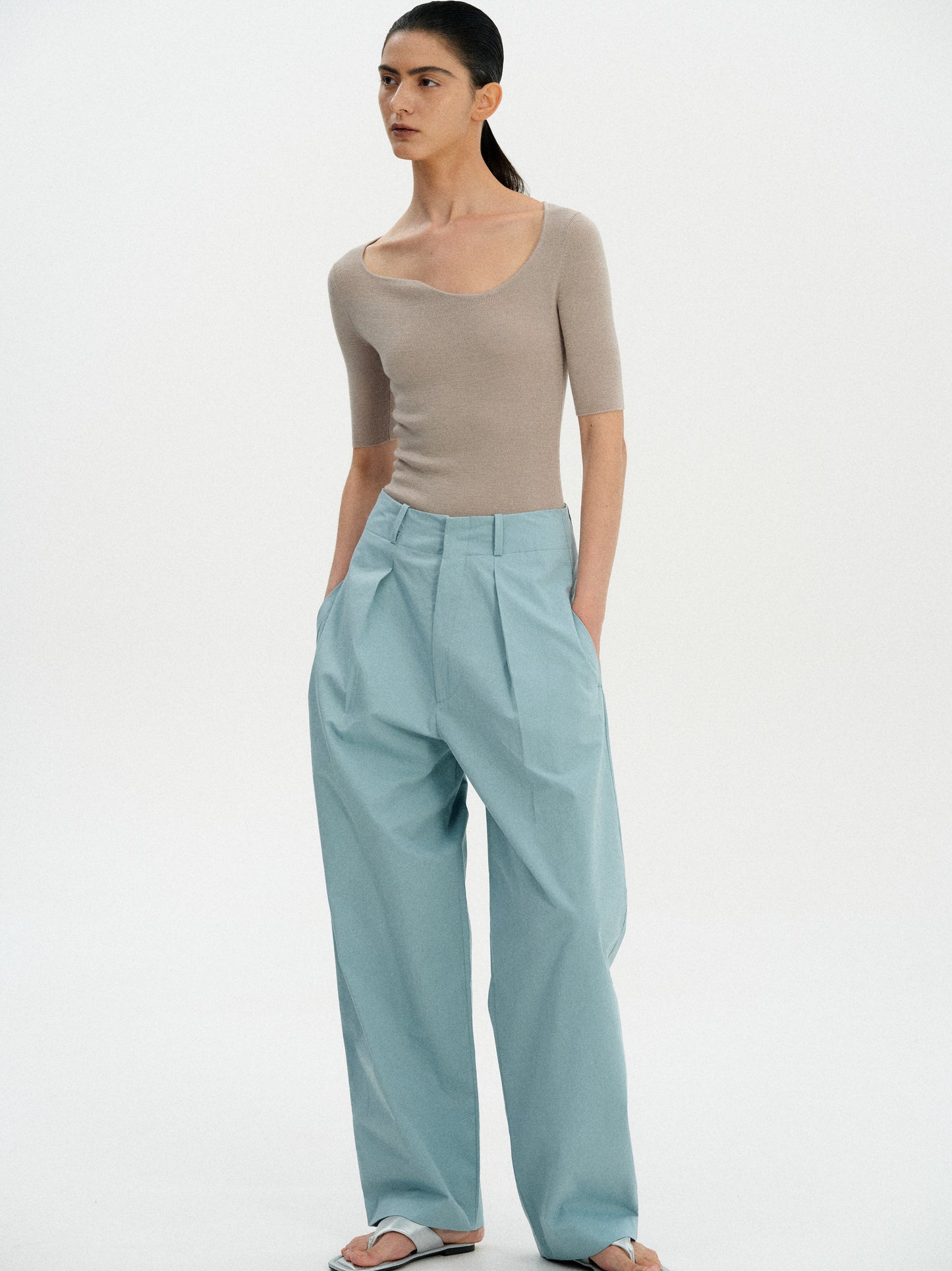 Curve Neck Knit Top, Taupe