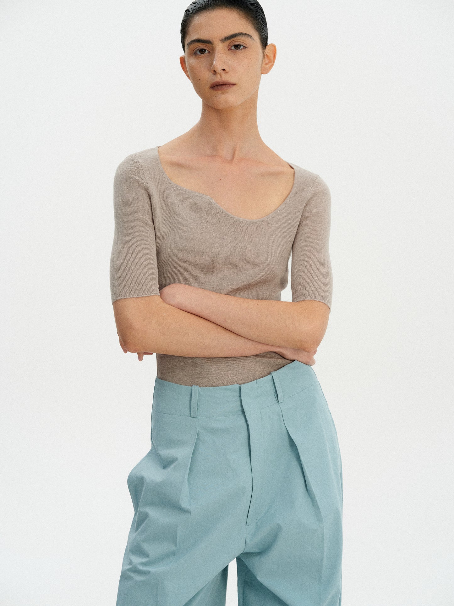 Curve Neck Knit Top, Taupe