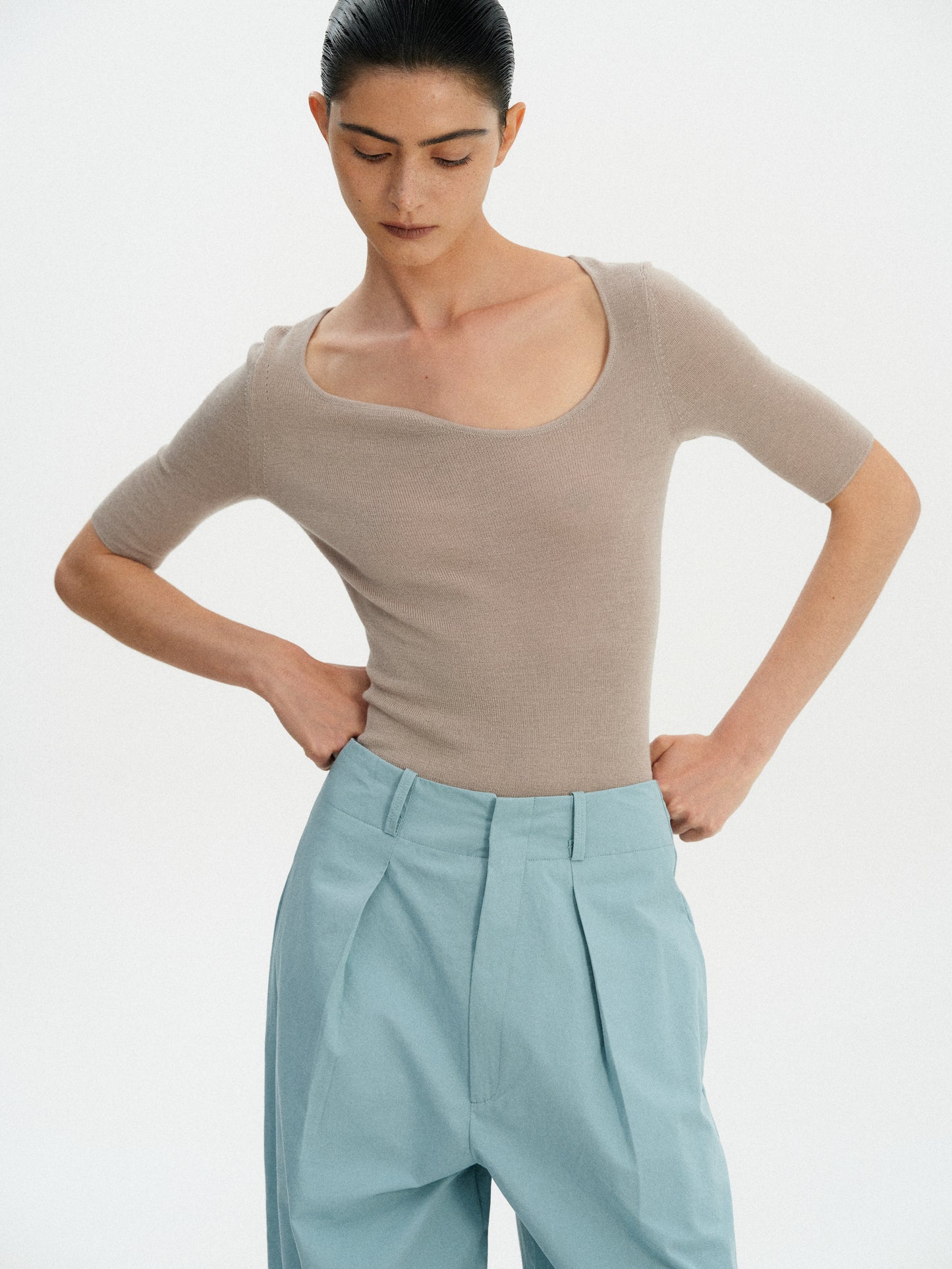 Curve Neck Knit Top, Taupe