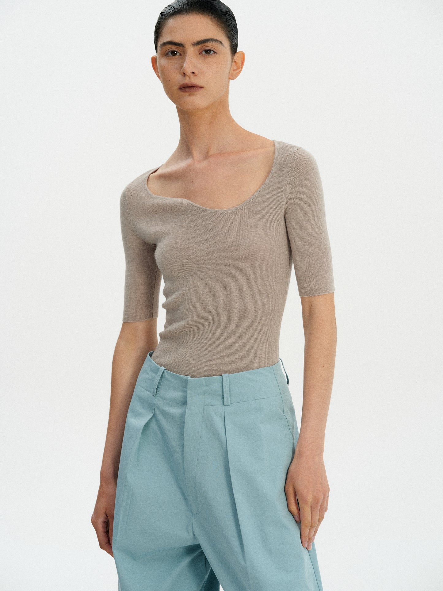 Curve Neck Knit Top, Taupe