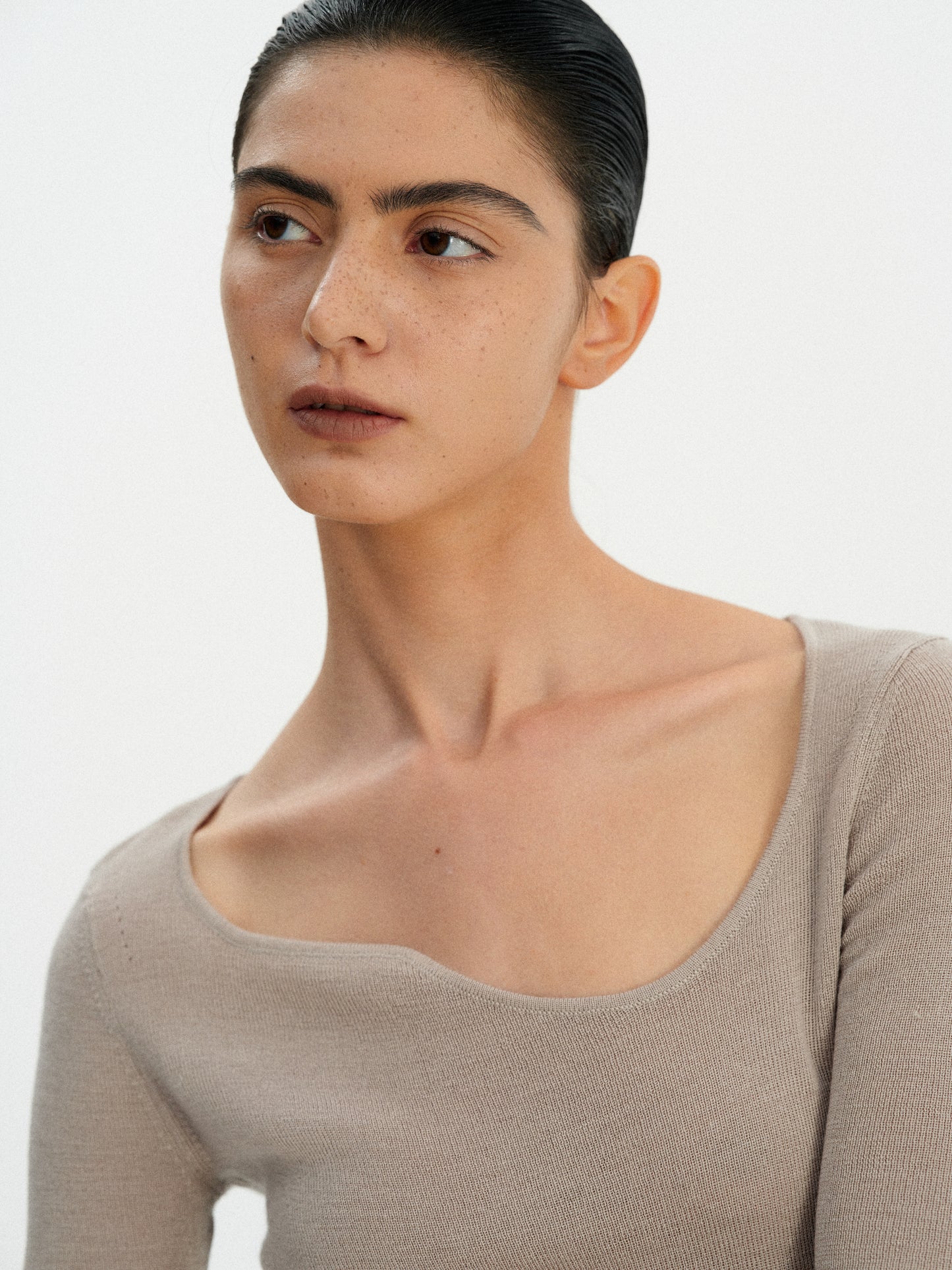 Curve Neck Knit Top, Taupe