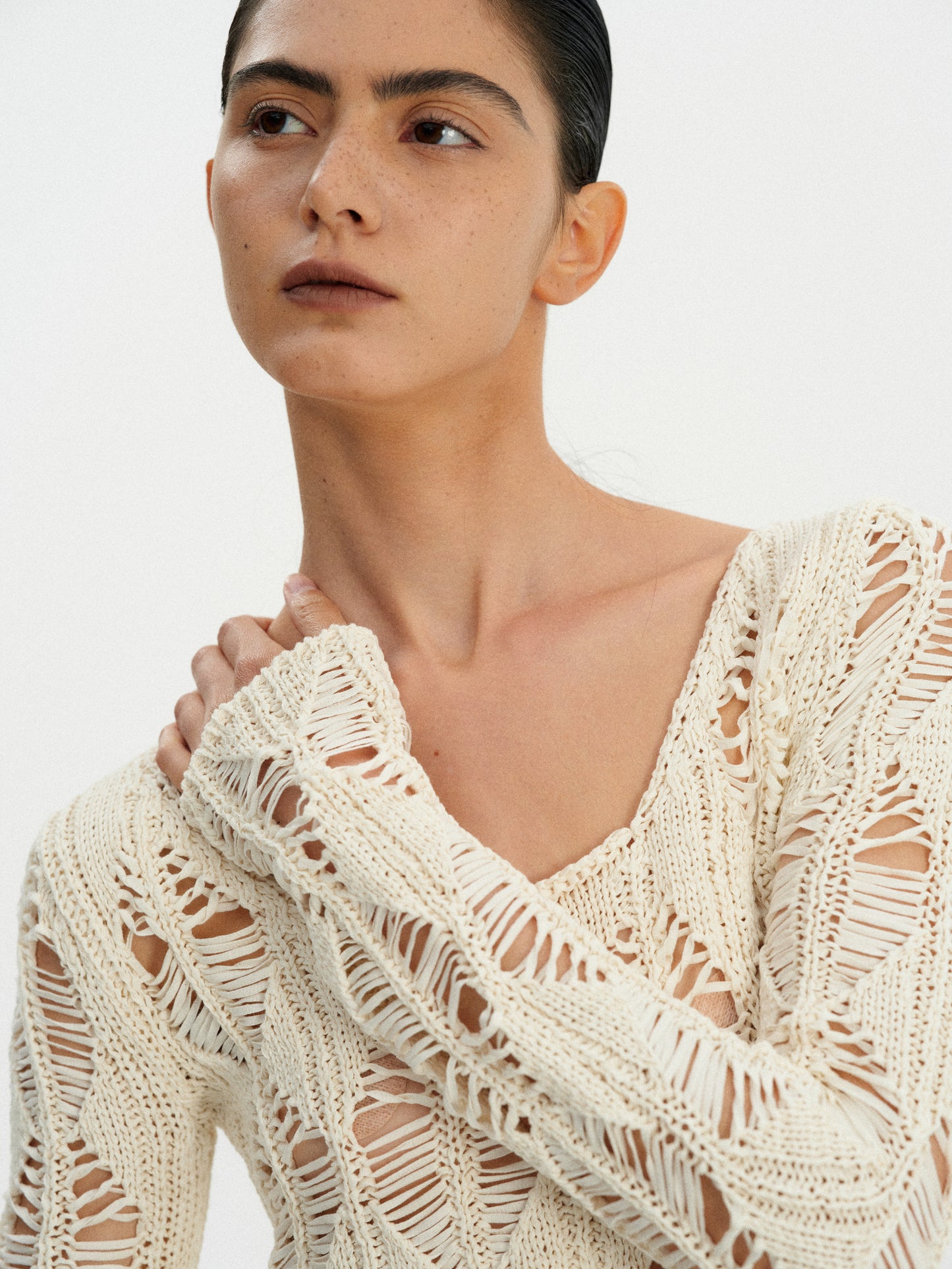 Open Crochet Damaged Knit, Ivory