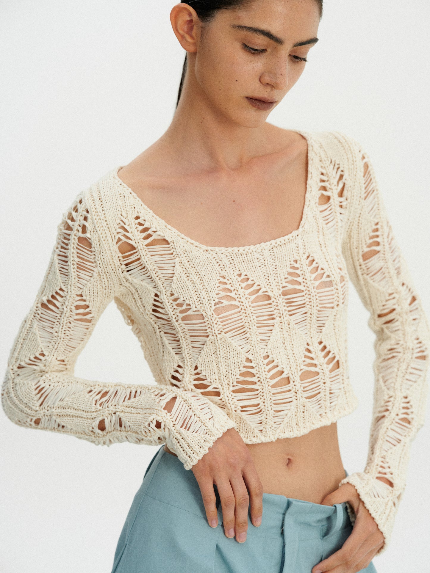 Open Crochet Damaged Knit, Ivory