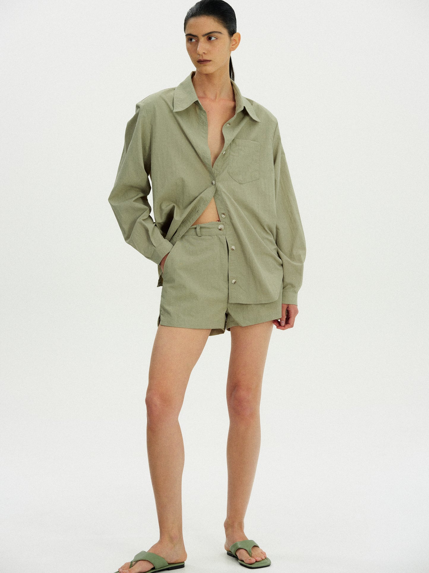 Pad Shoulder Nylon Shirt, Kelp