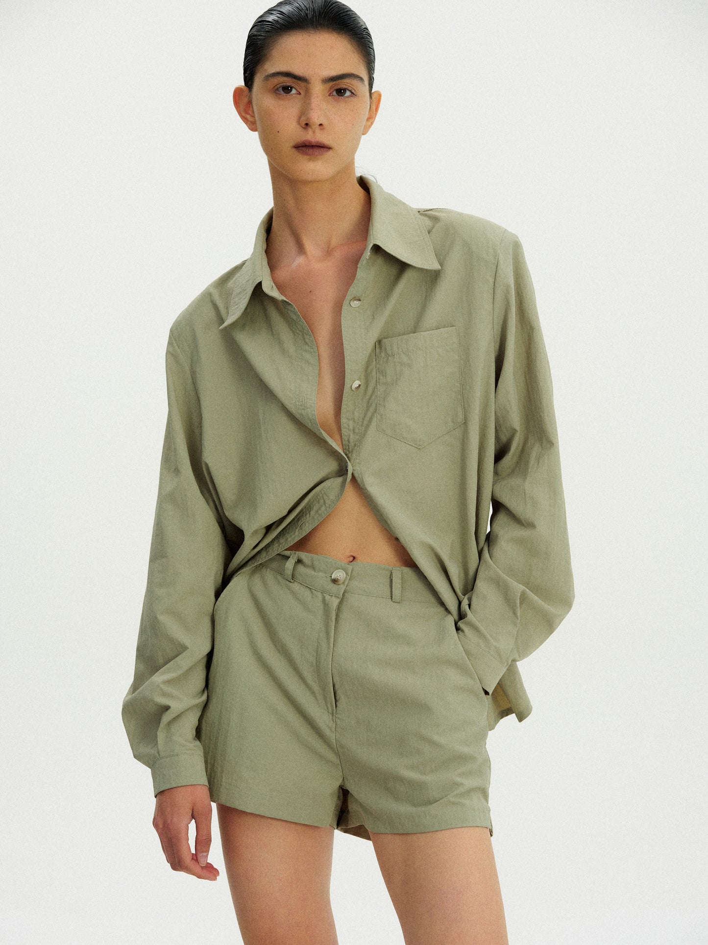 Pad Shoulder Nylon Shirt, Kelp
