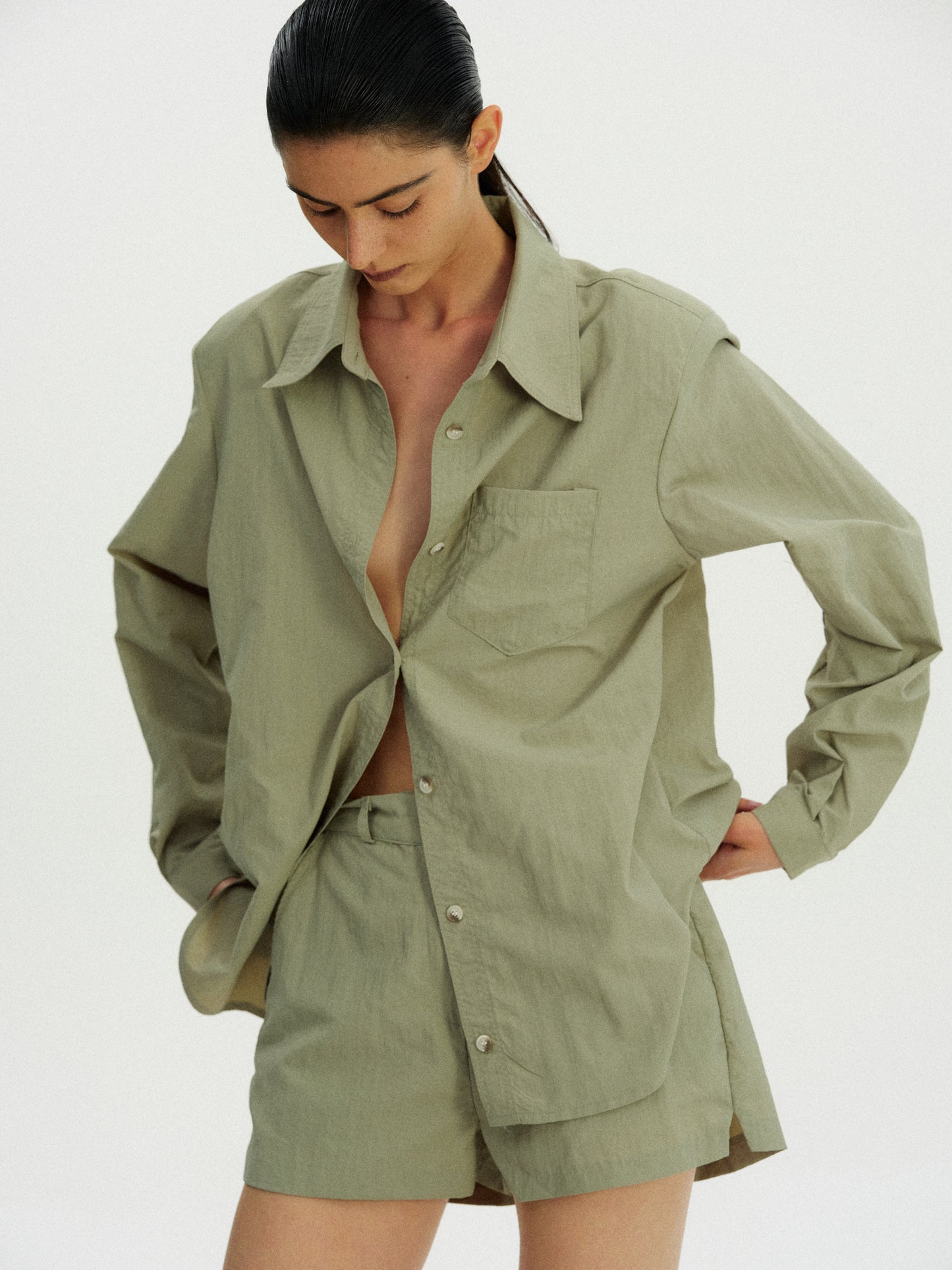 Pad Shoulder Nylon Shirt, Kelp