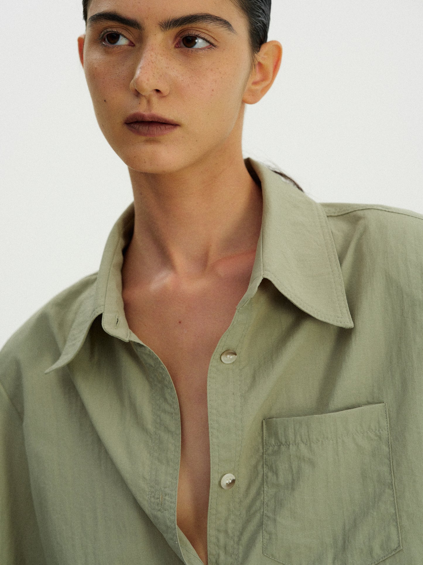 Pad Shoulder Nylon Shirt, Kelp